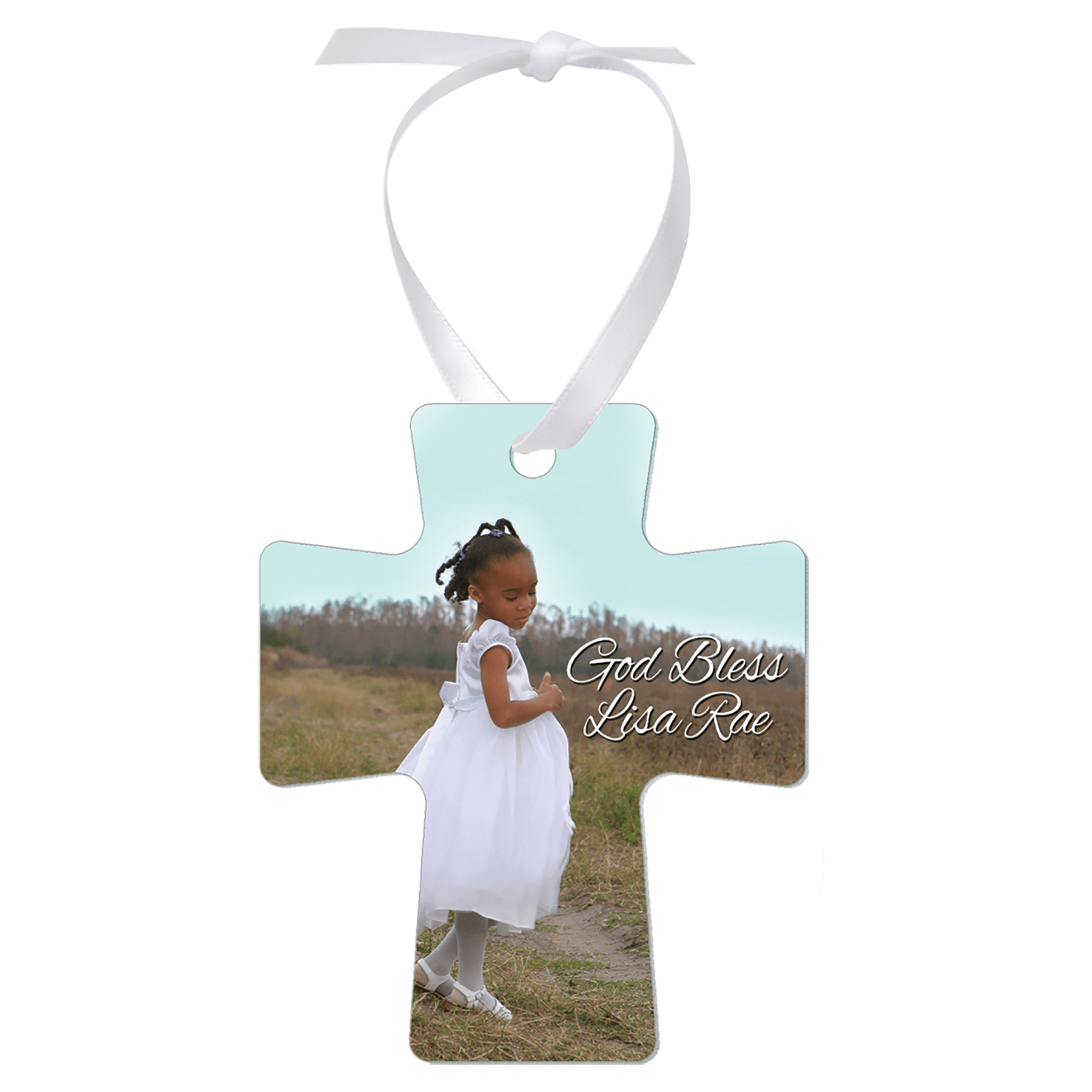 3" x 3.5" Gloss White Unisub Aluminum Cross Ornament, 2-Side w/White Ribbon