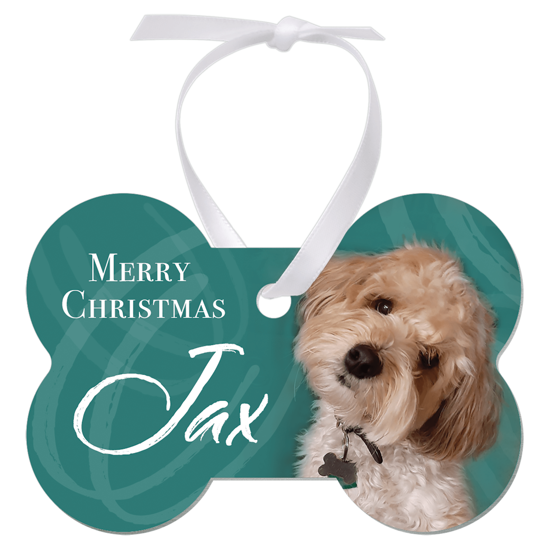 3.25"x 2" Gloss White Unisub Aluminum Dog Bone Ornament, 1-Side w/White Ribbon