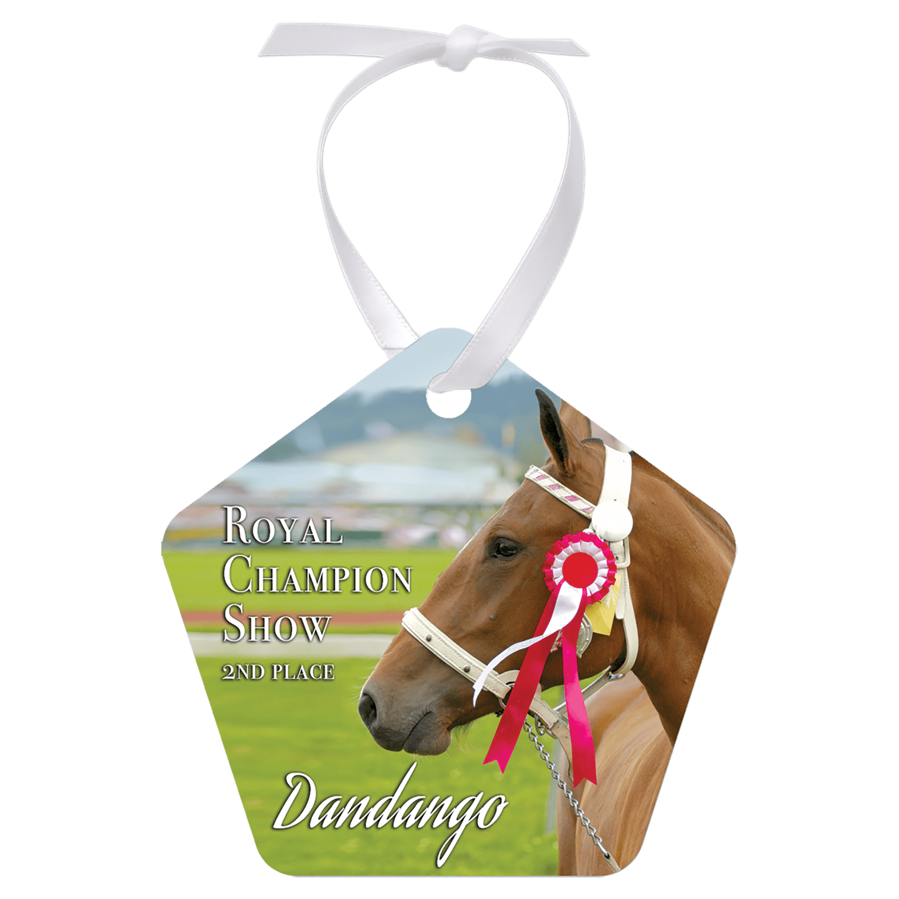 2.75"x 2.75 Gloss White Aluminum Pentagon Ornament, 1-Side w/White Ribbon