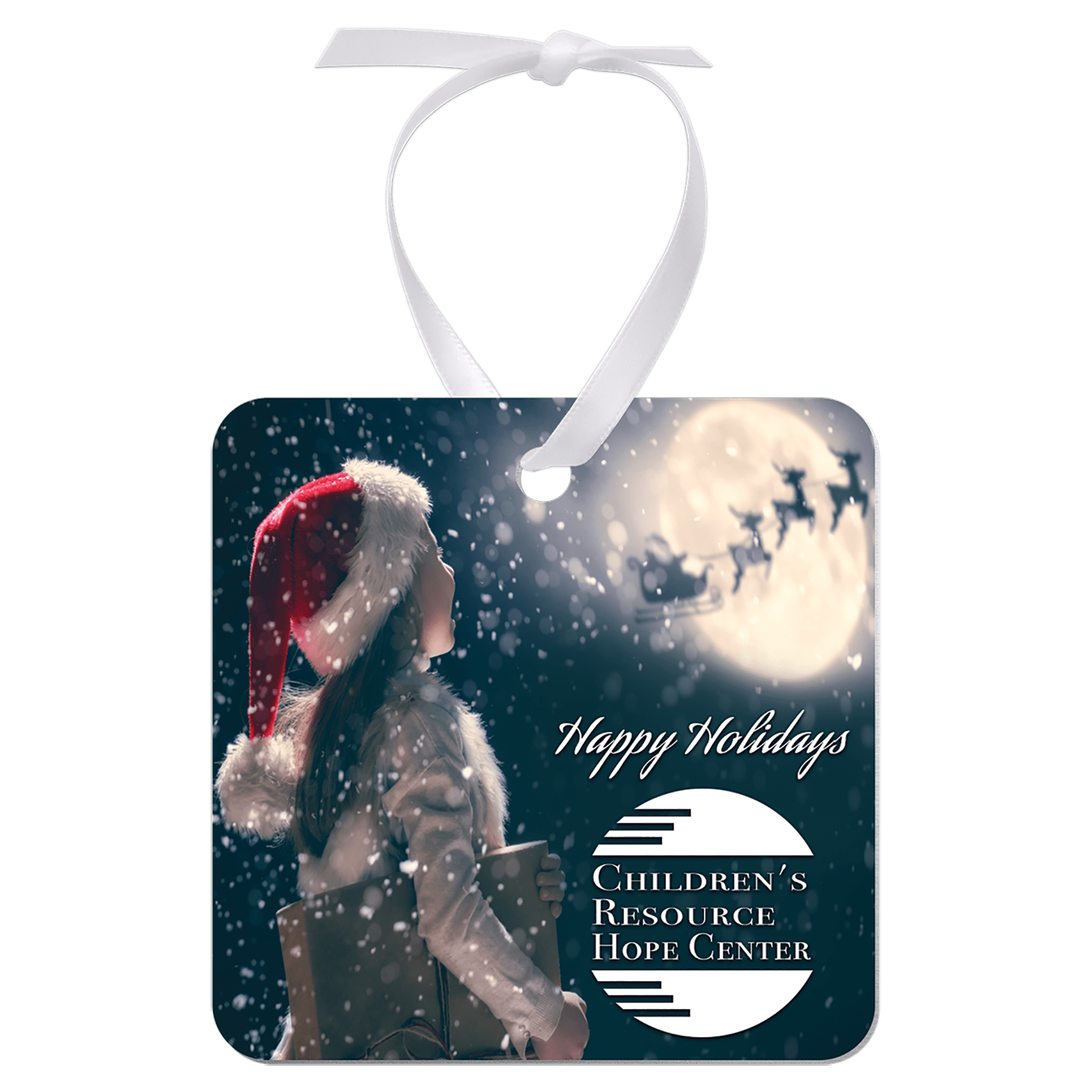 2.75"x 2.75" Gloss White Aluminum Square Ornament, 1-Side w/White Ribbon