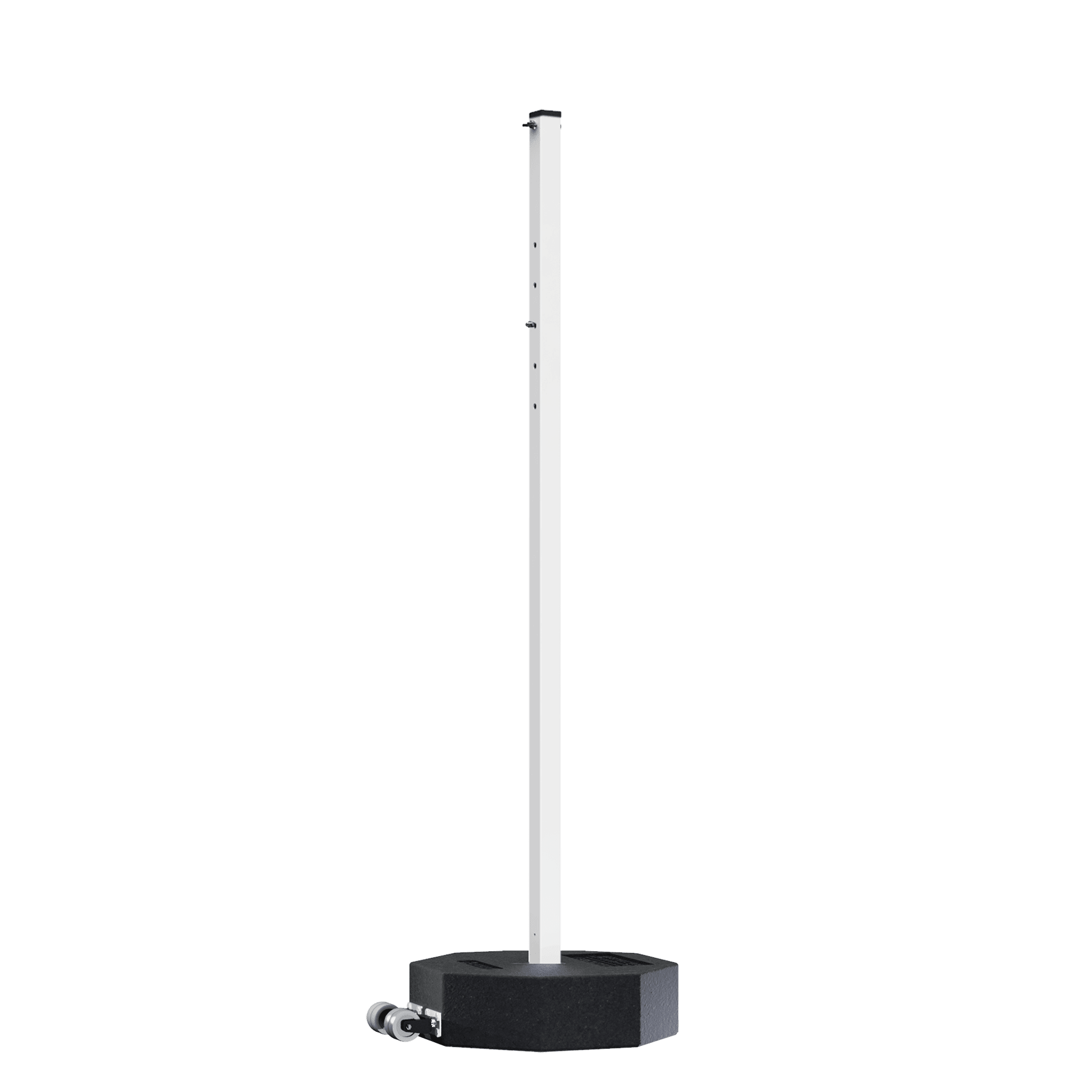 22.85" x 18.5" 60 lb. Rubber Base with 72" White Post, Wheels