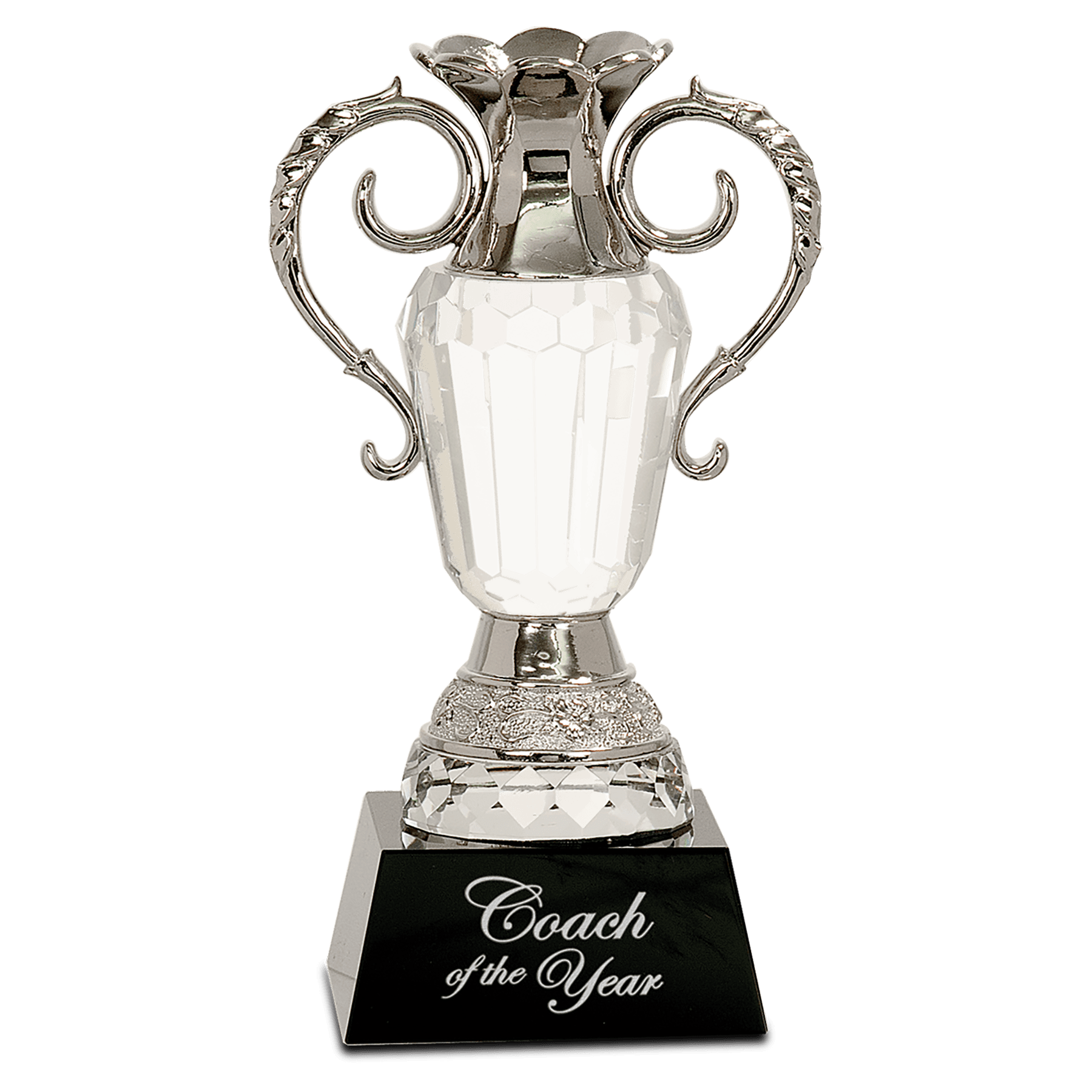 8" Crystal Cup with Silver Metal Handles on Black Pedestal Base