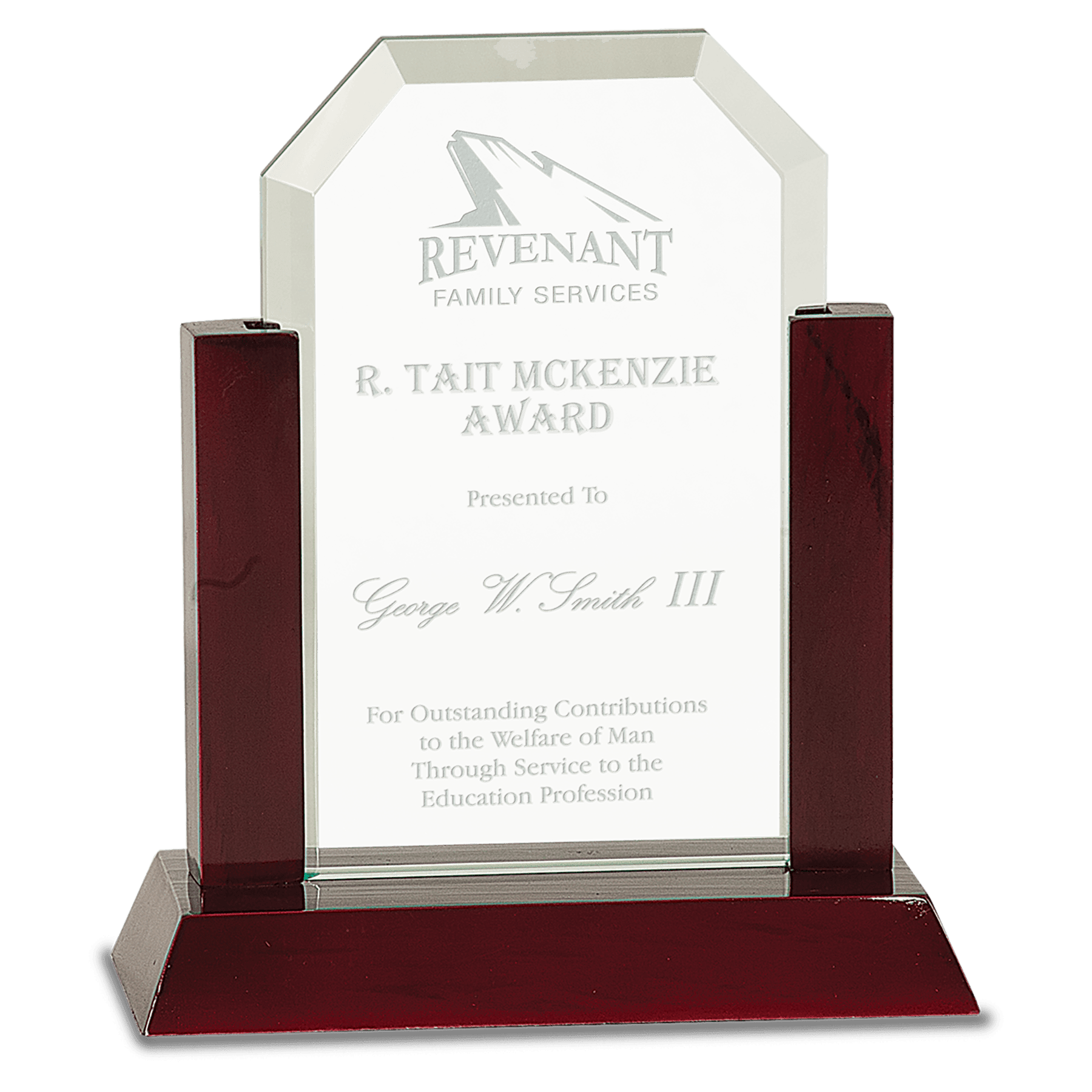 7" Gateway Jade Clip Corner Glass Award with Rosewood Finish Base