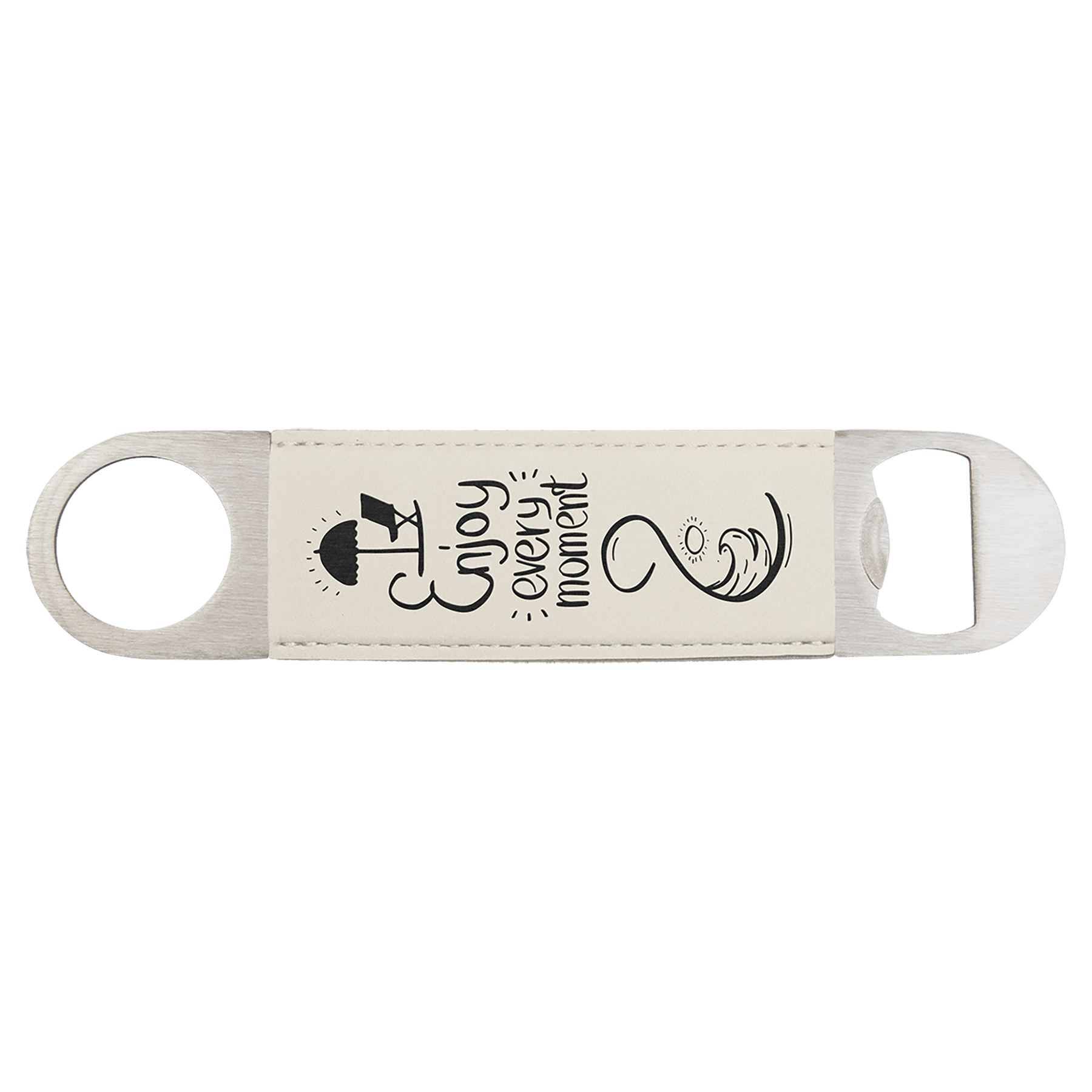1 1/2" x 7" White/Black Laserable Leatherette Bottle Opener