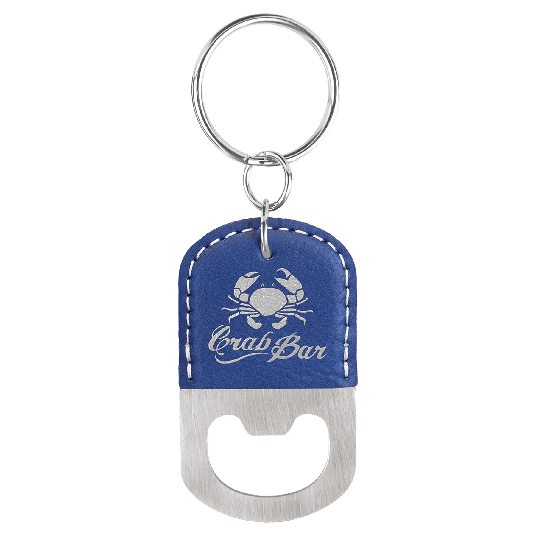 Oval Blue/Silver Laserable Leatherette Bottle Opener Keychain