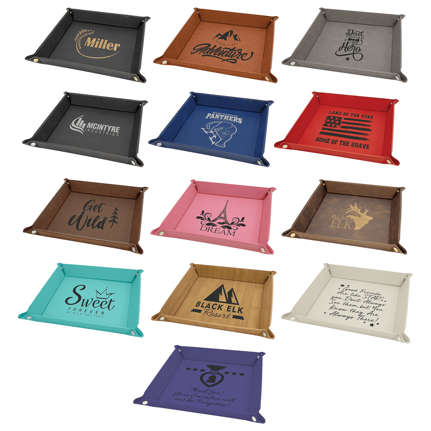 9" x 9" Laserable Leatherette Snap Up Tray Sample Set