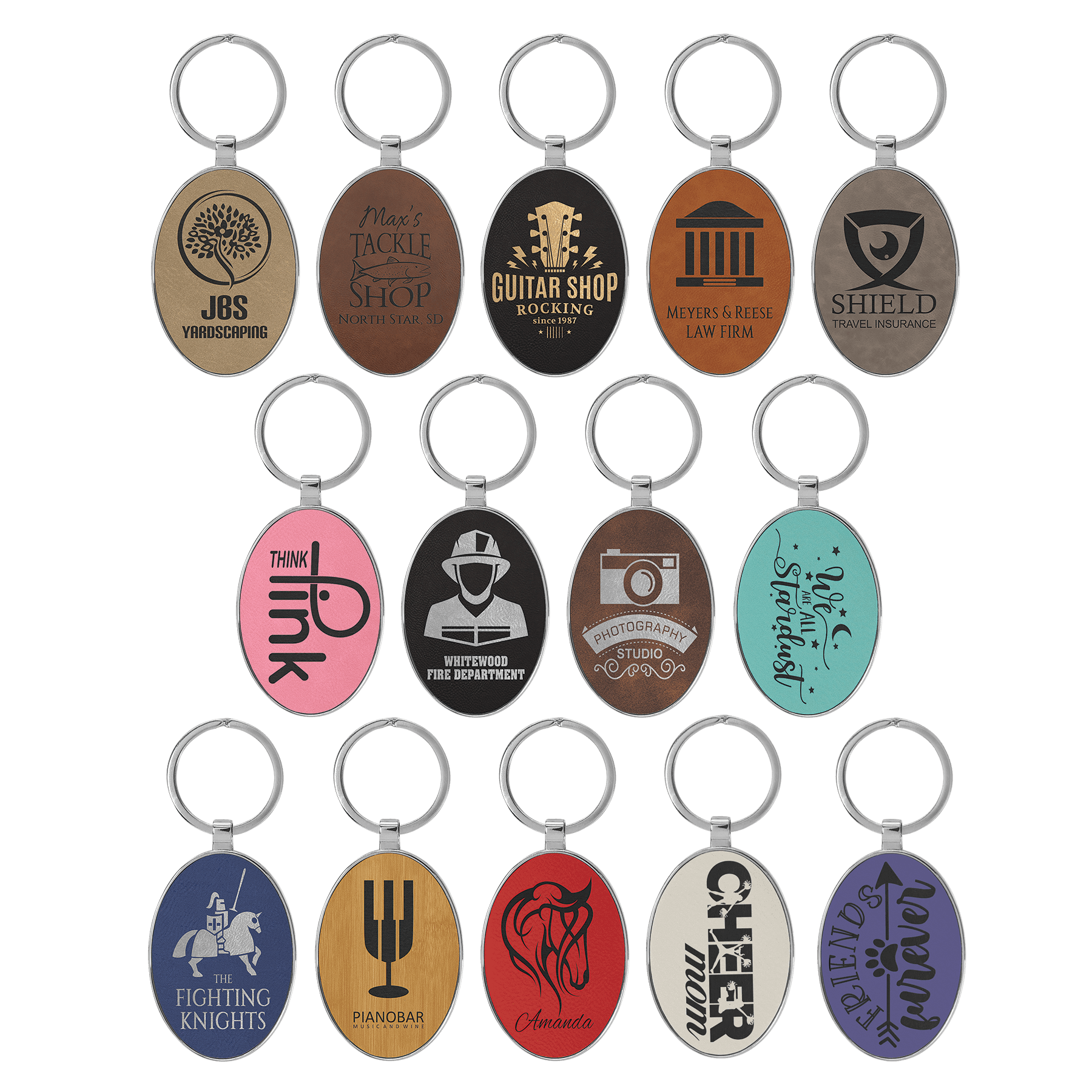 3" x 1 3/4" Laserable Leatherette/Metal Oval Keychain Sample Set