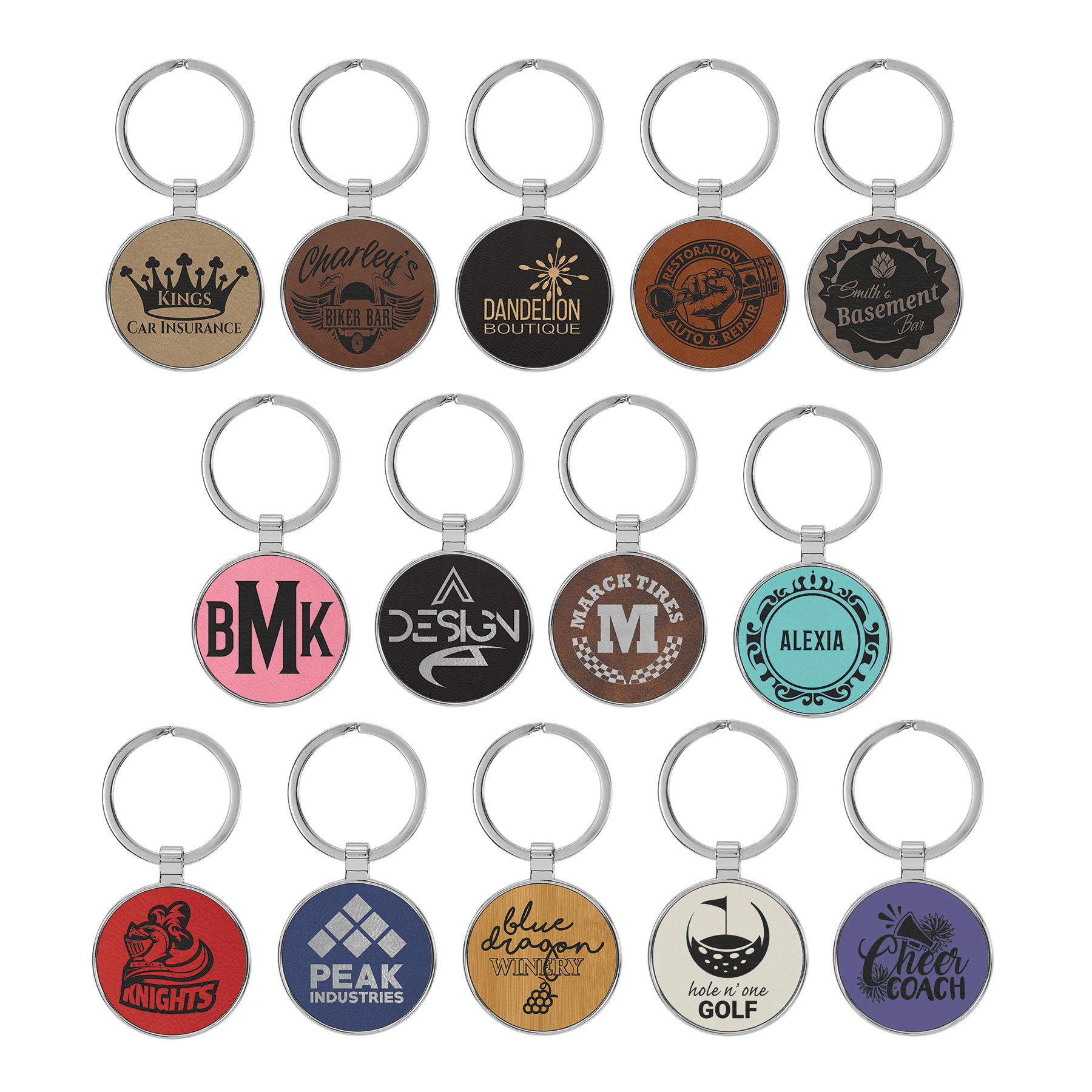 1 1/2" Laserable Leatherette/Metal Round Keychain Sample Set