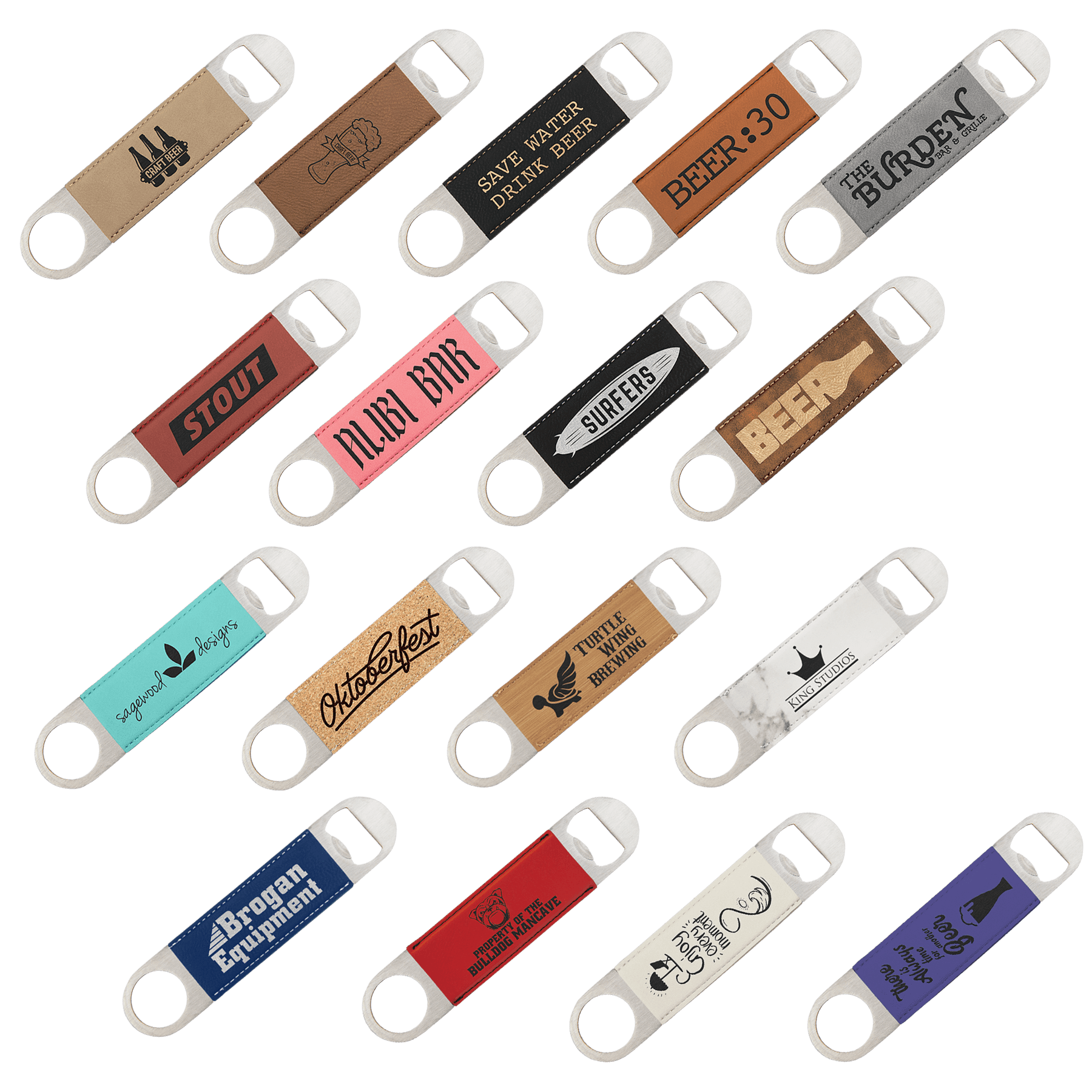 1 1/2" x  7" Laserable Leatherette/Cork Bottle Opener Sample Set