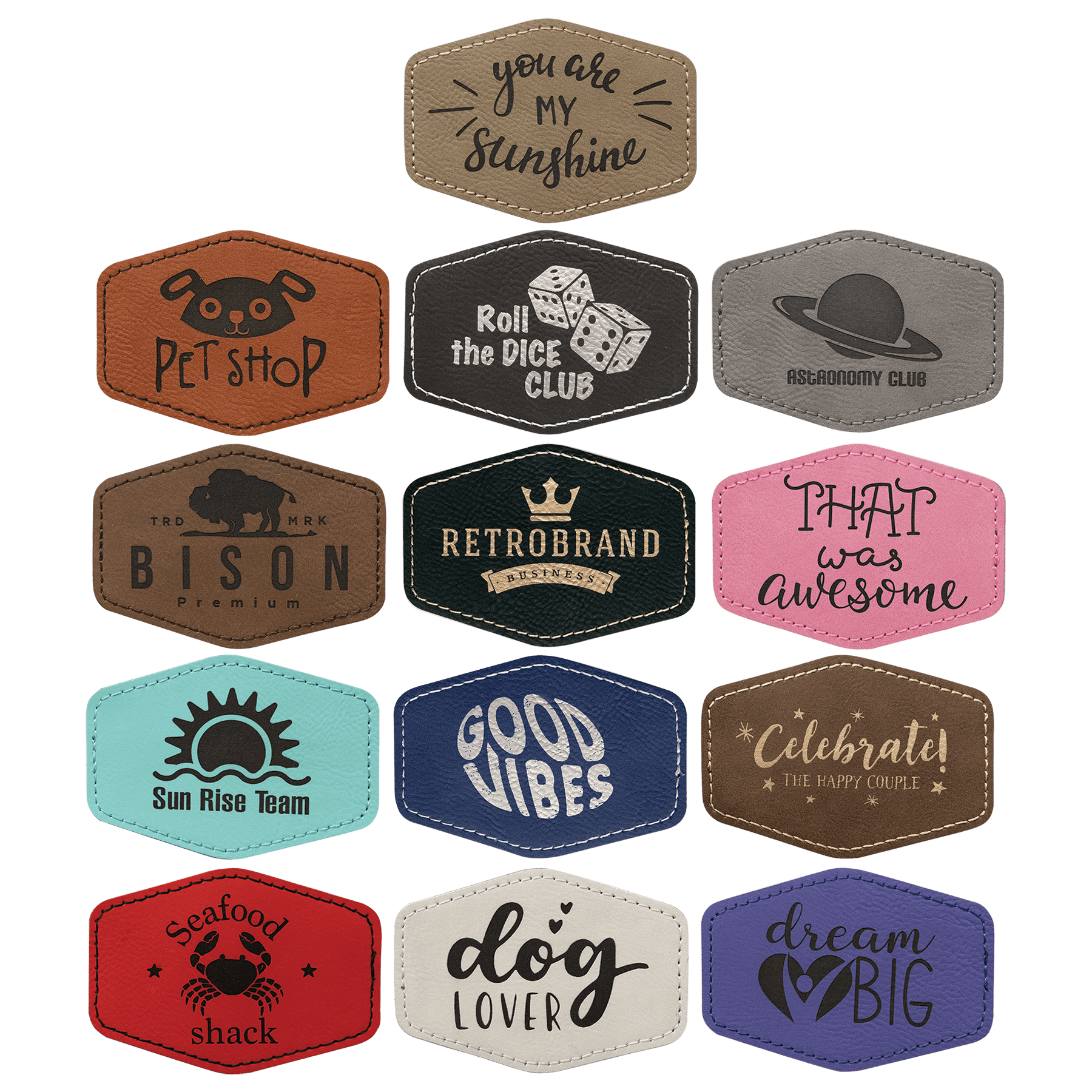 3 1/2" x 2 1/2" Hex Laserable Leatherette Patch with Adhesive Sample Set