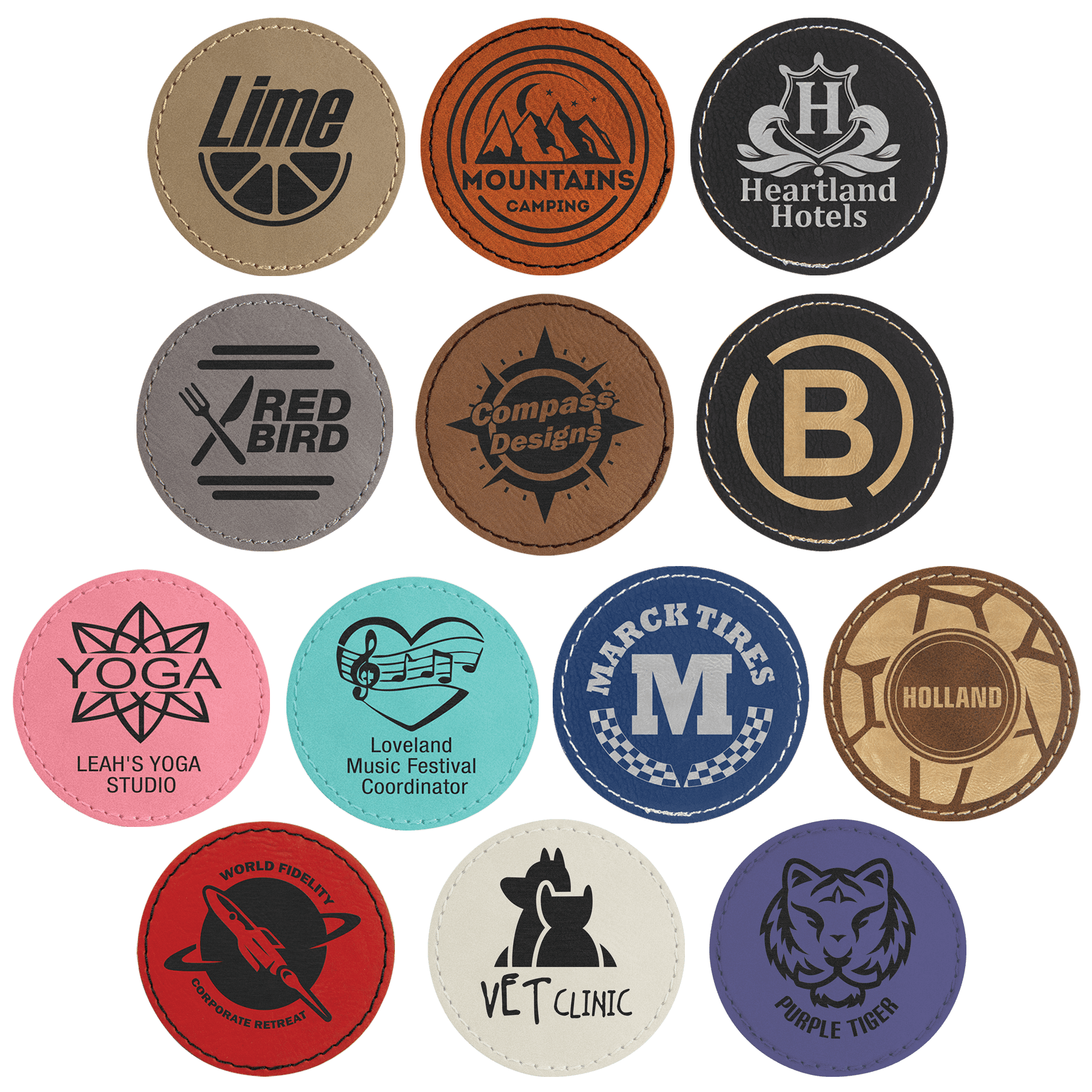 2 1/2" Round Laserable Leatherette Patch with Adhesive Sample Set