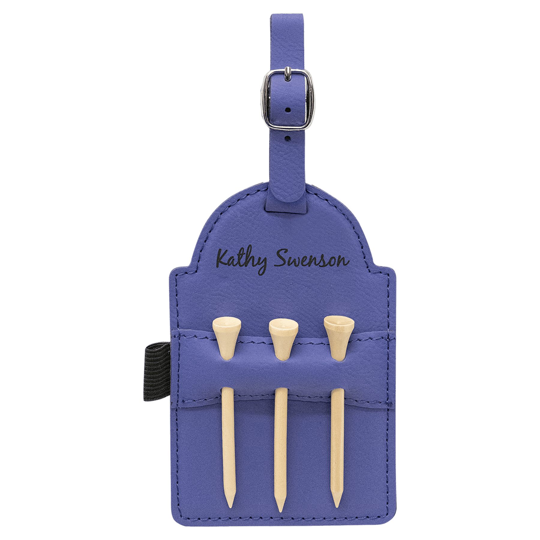 5" x 3 1/4" Purple Laserable Leatherette Golf Bag Tag with 3 Wooden Tees