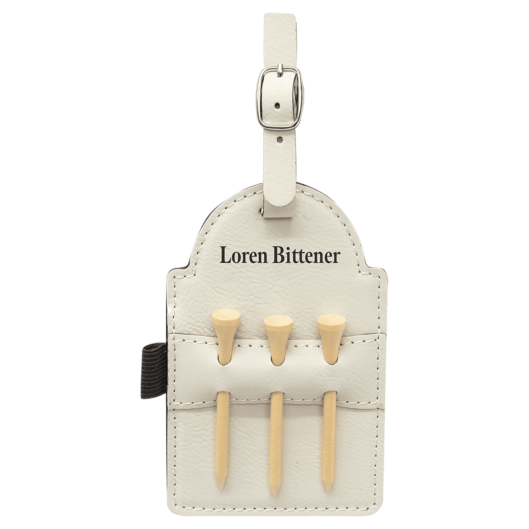 5" x 3 1/4" White Laserable Leatherette Golf Bag Tag with 3 Wooden Tees