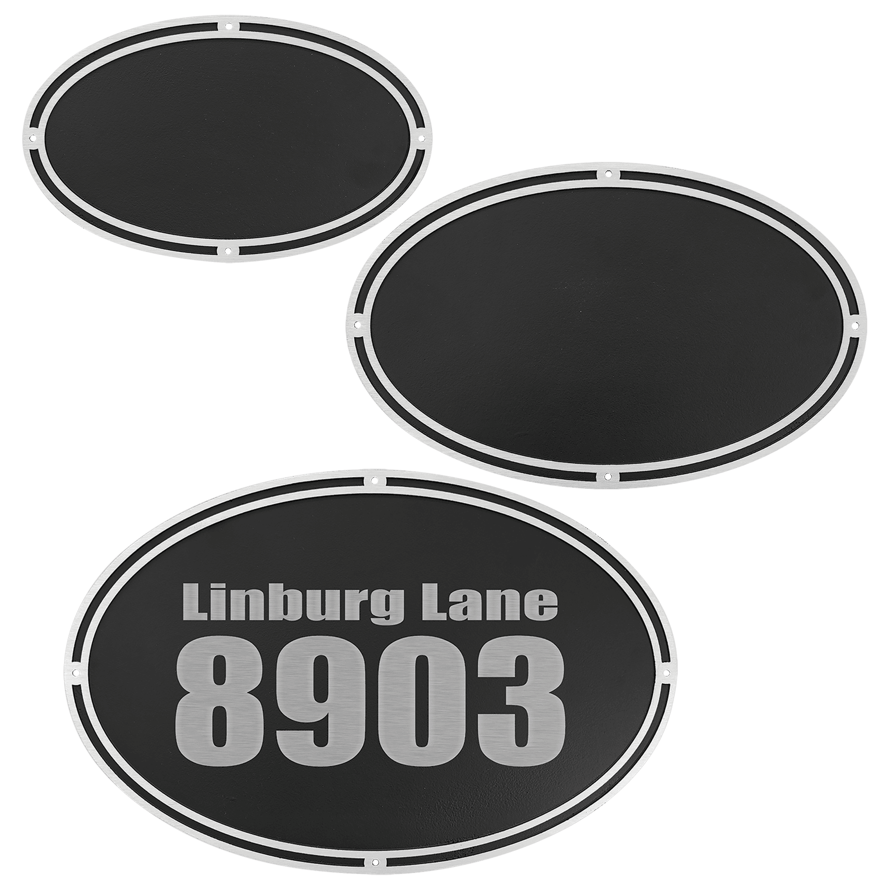 Silver/Black Oval Cast Aluminum Sign with 4 Mounting Screws Sample Set