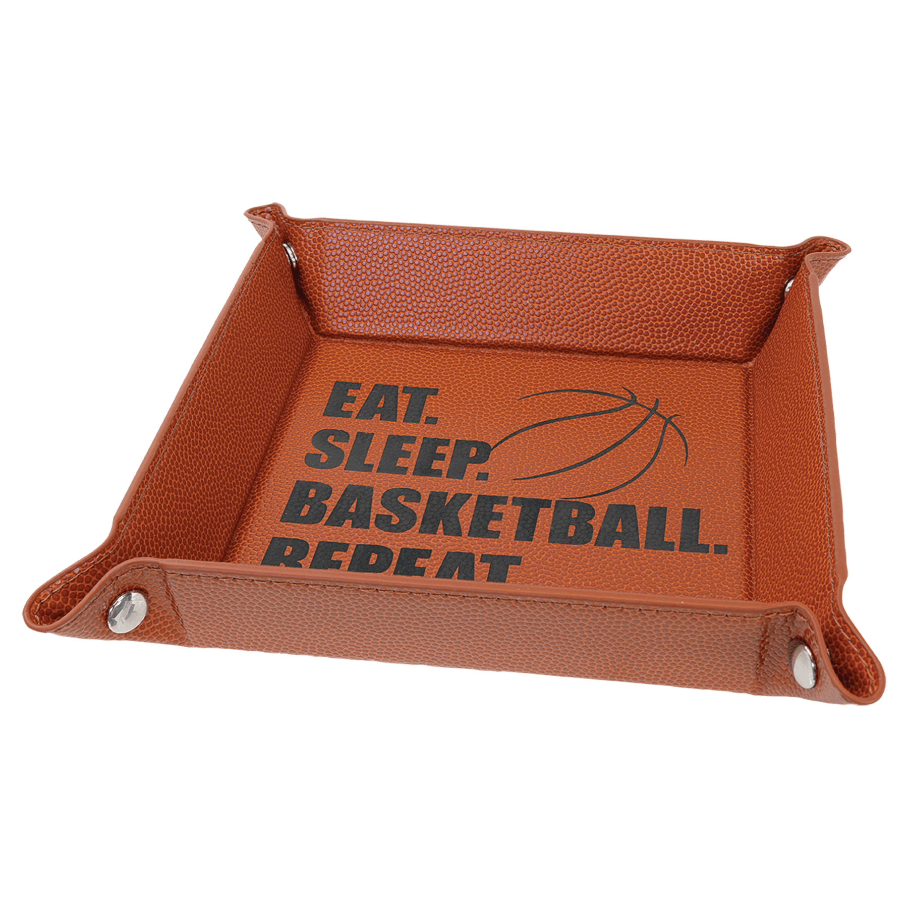 6" x 6" Basketball Laserable Leatherette Snap Up Tray with Silver Snaps