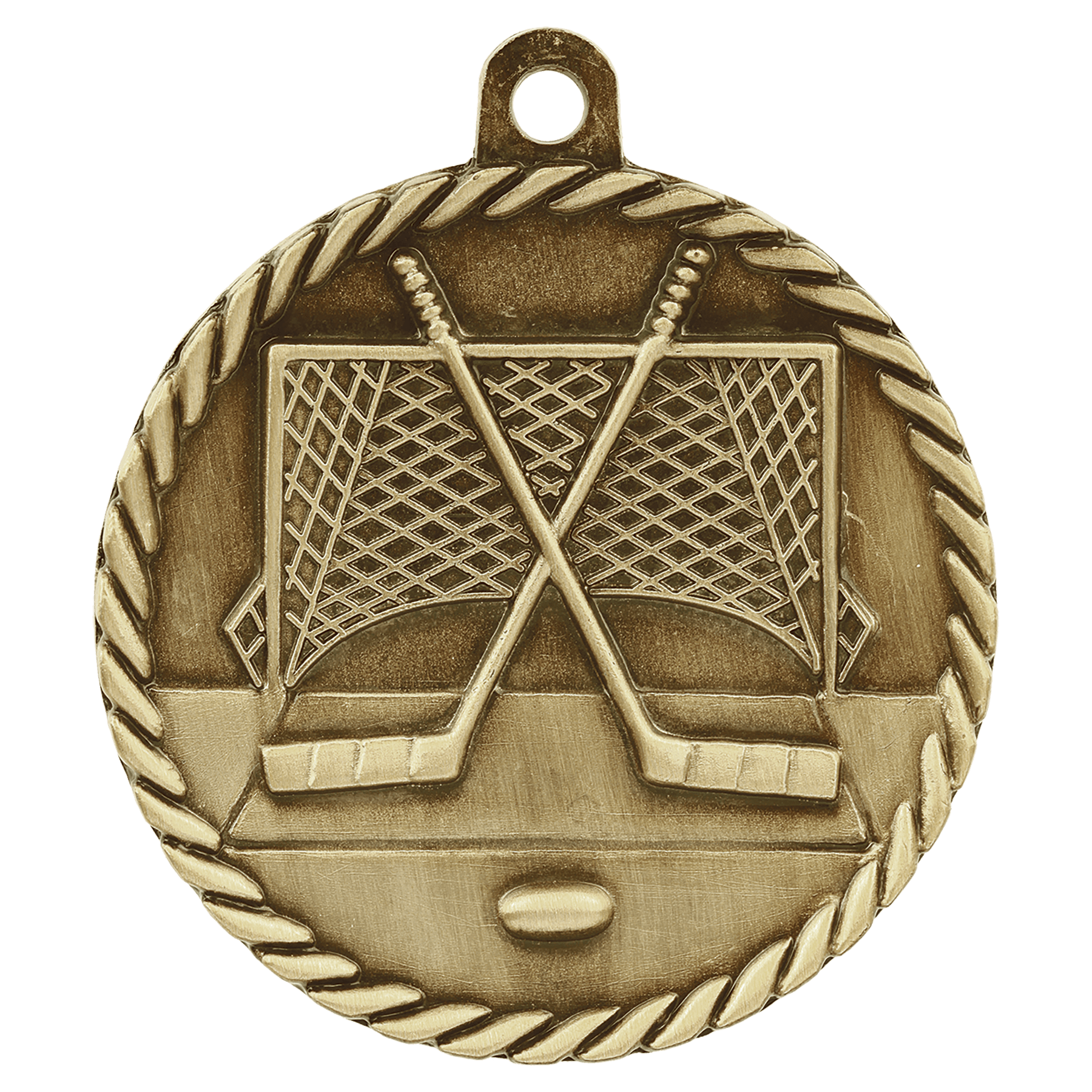2" Antique Gold Hockey High Relief Medal