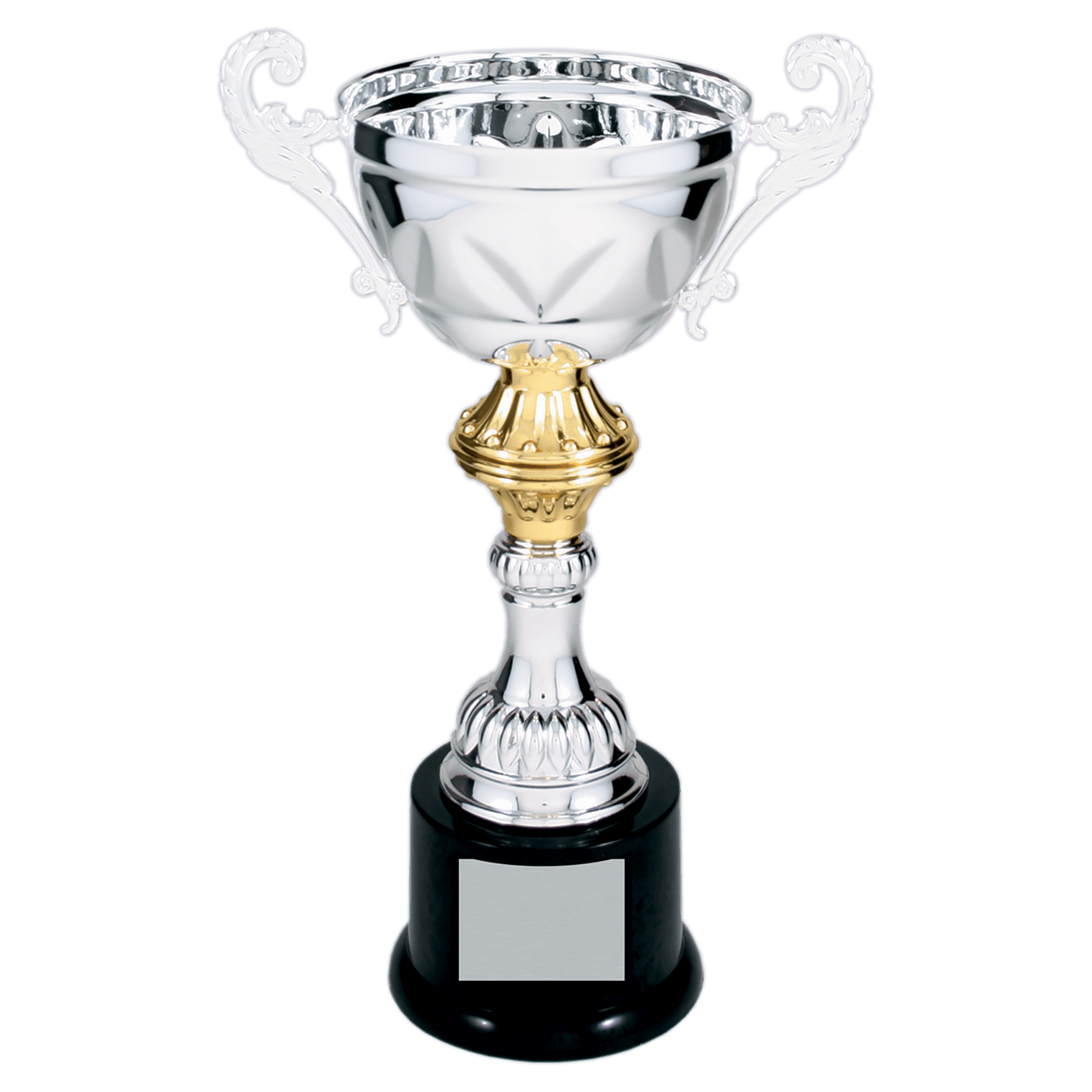 10" Silver Completed Metal Cup Trophy on Plastic Base