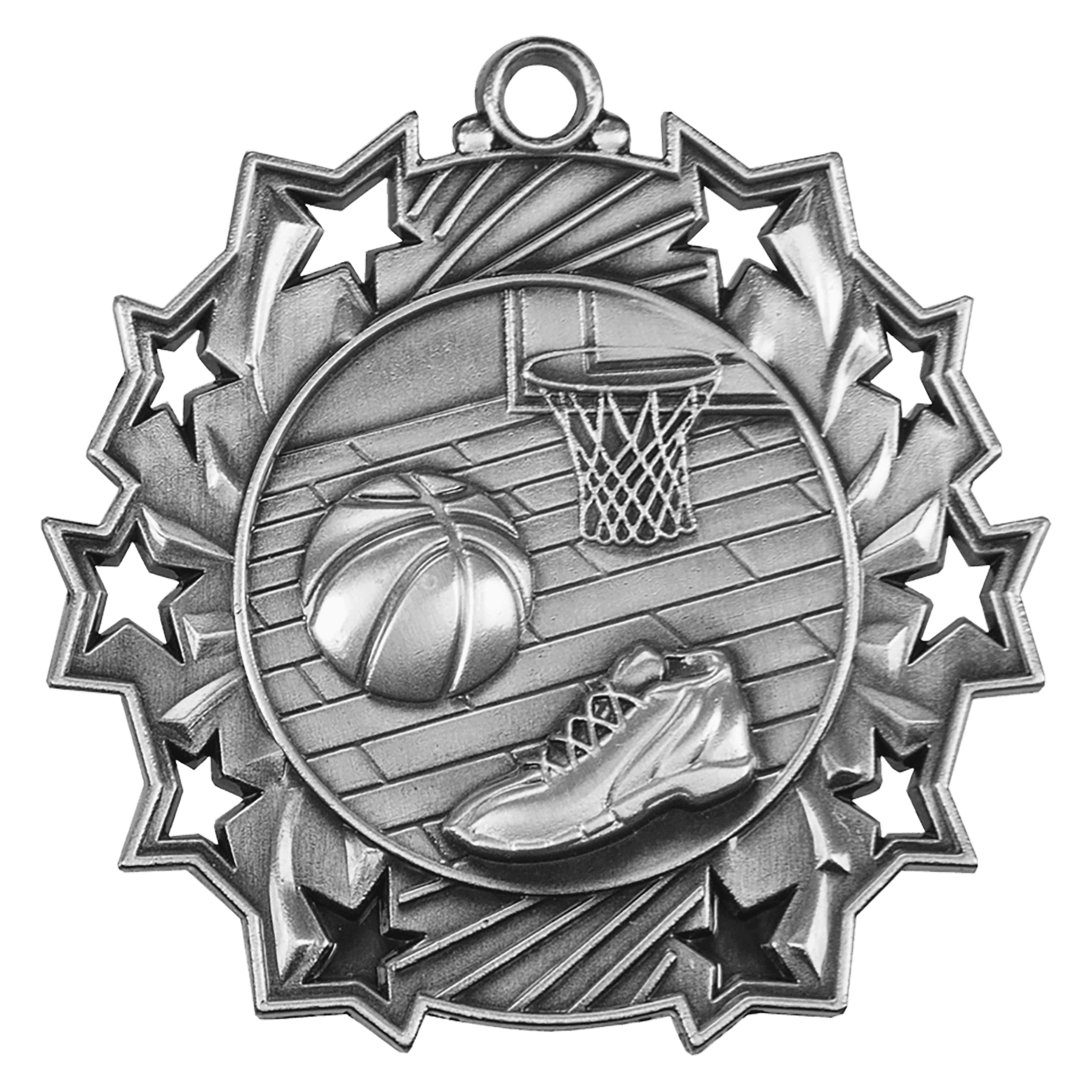 2 1/4" Antique Silver Basketball Ten Star Medal