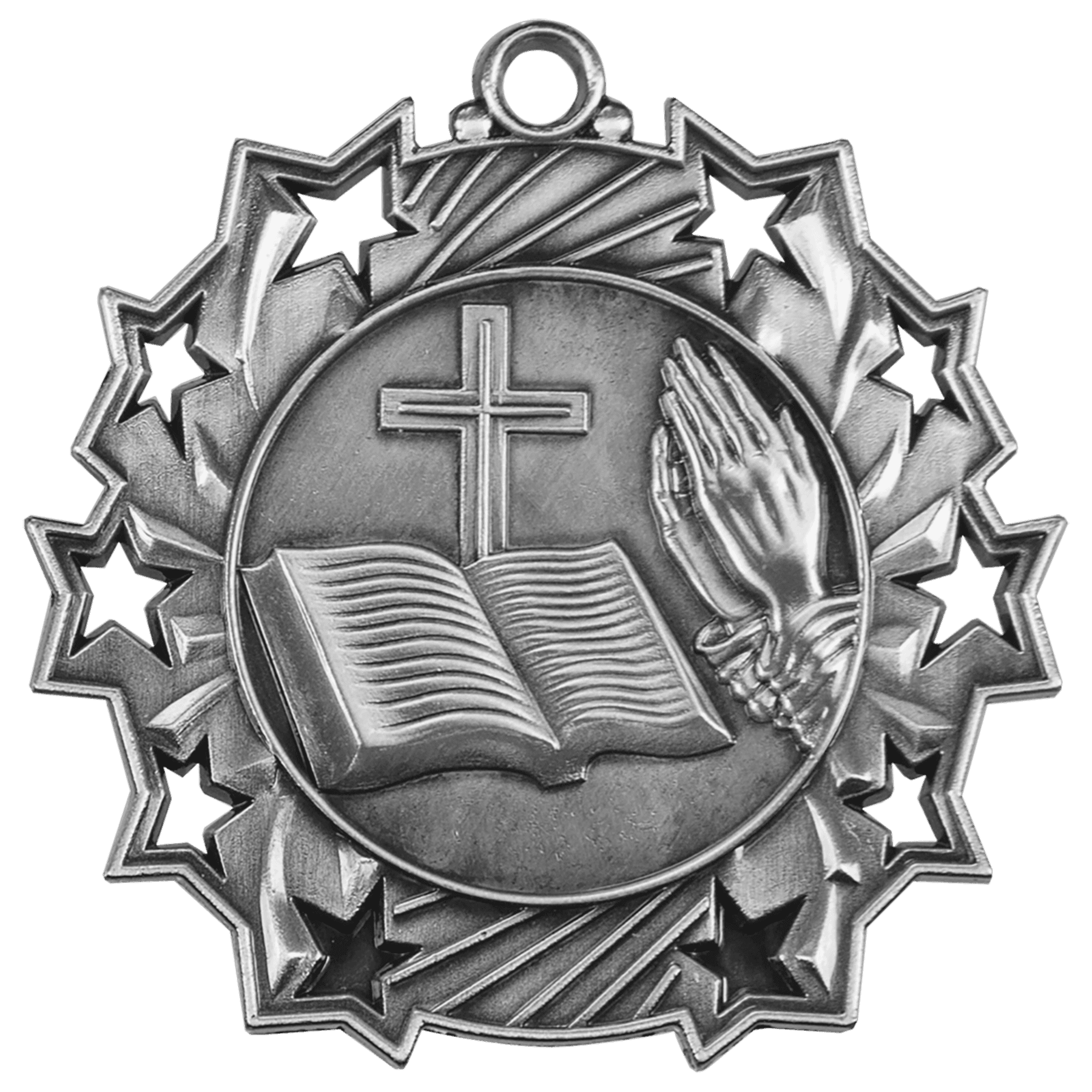 2 1/4" Antique Silver Religious Ten Star Medal