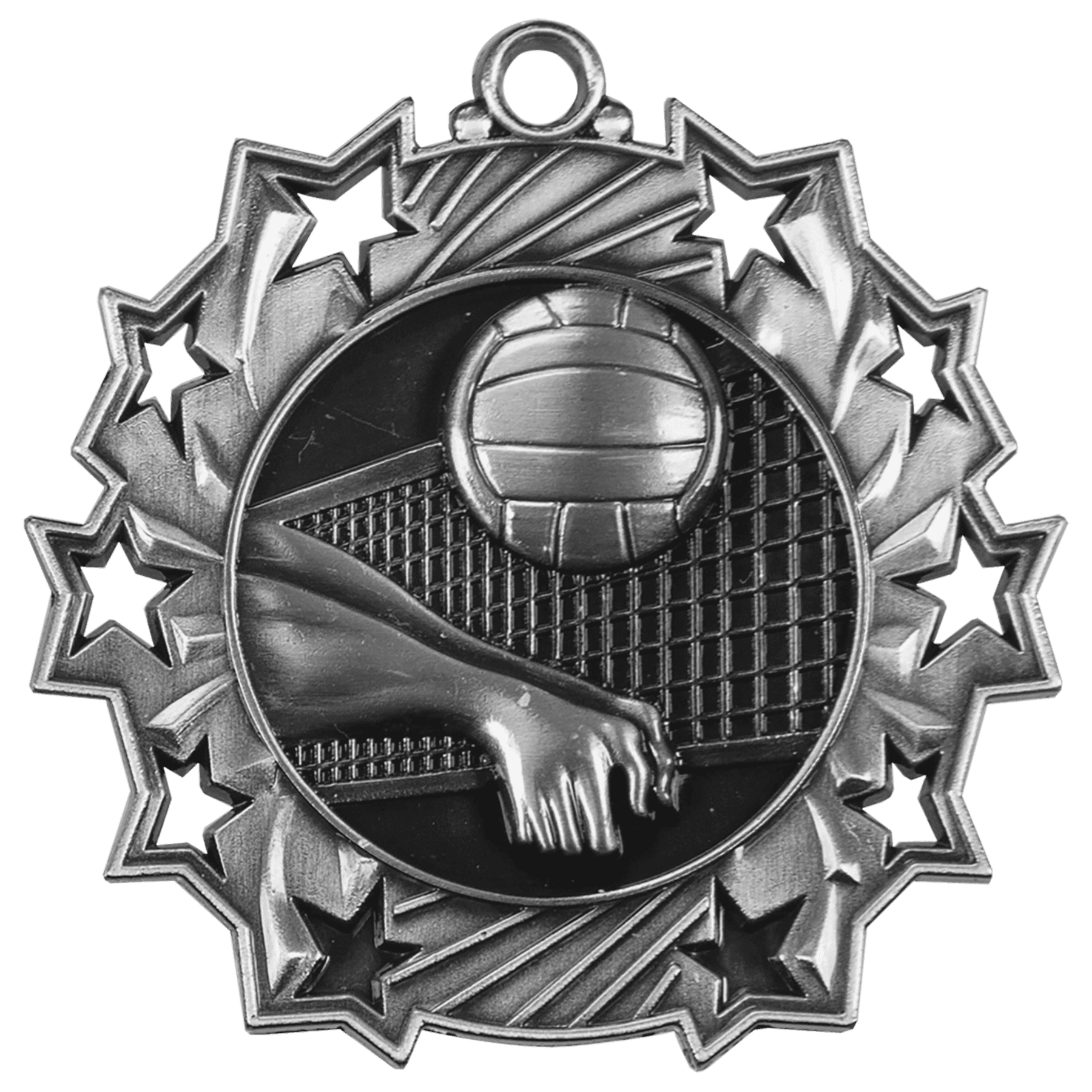 2 1/4" Antique Silver Volleyball Ten Star Medal