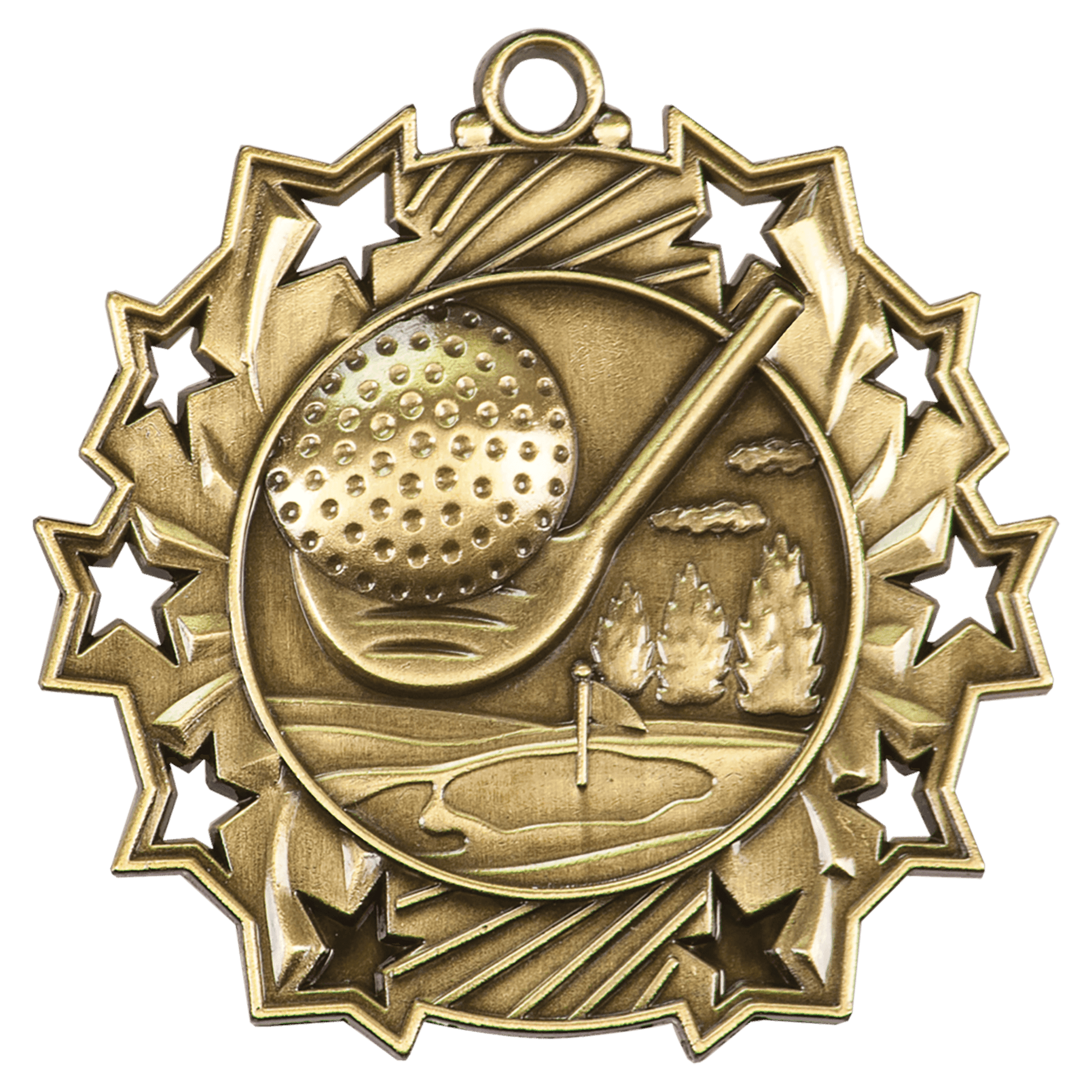2 1/4" Antique Gold Golf Ten Star Medal