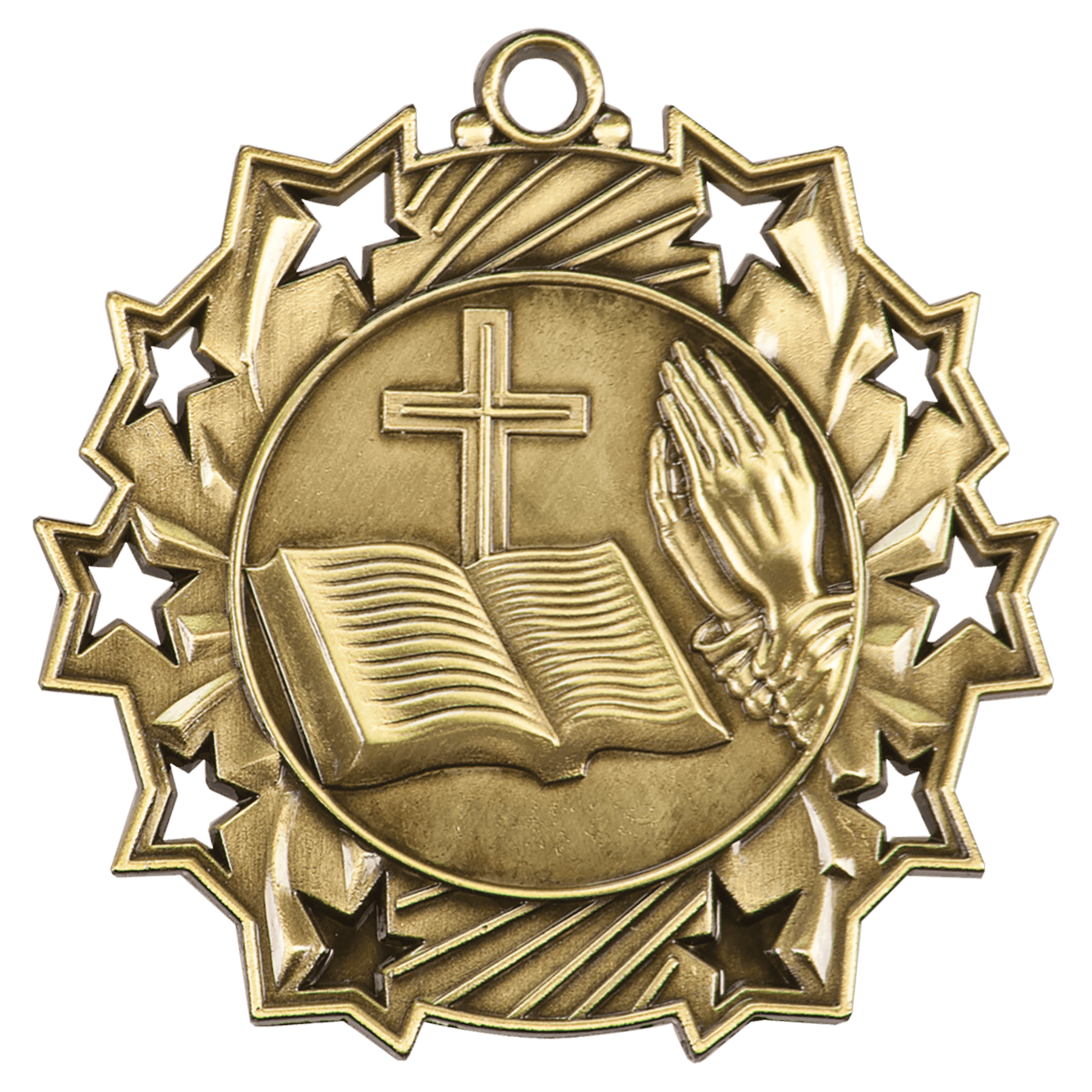 2 1/4" Antique Gold Religious Ten Star Medal