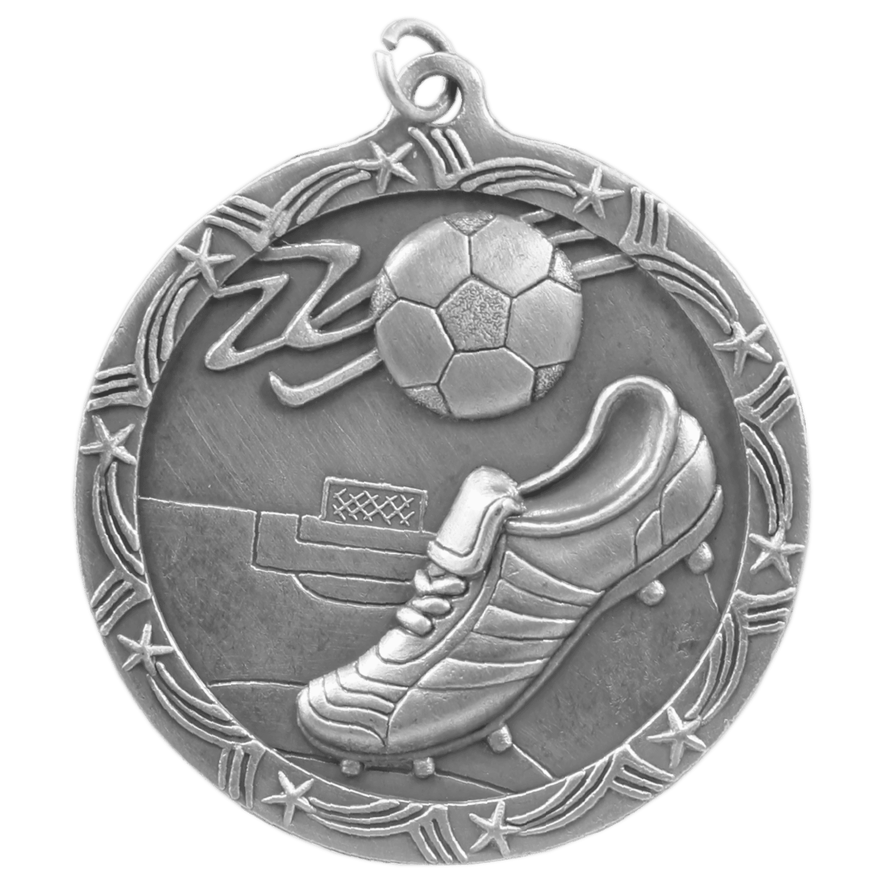 2 1/2" Antique Silver Soccer Shooting Star Medal