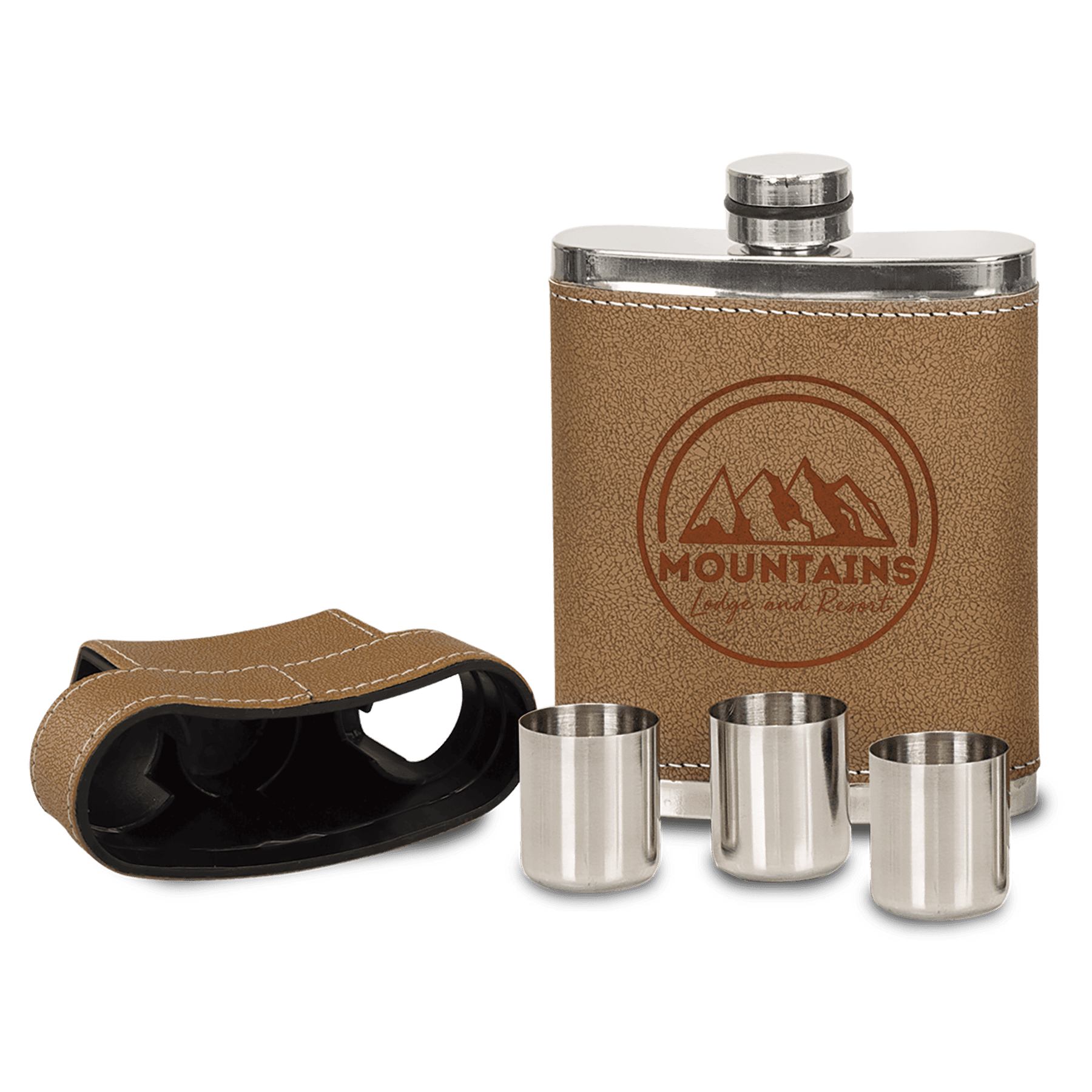 7 oz. Leather Flask with Lid & 3 Shot Glasses