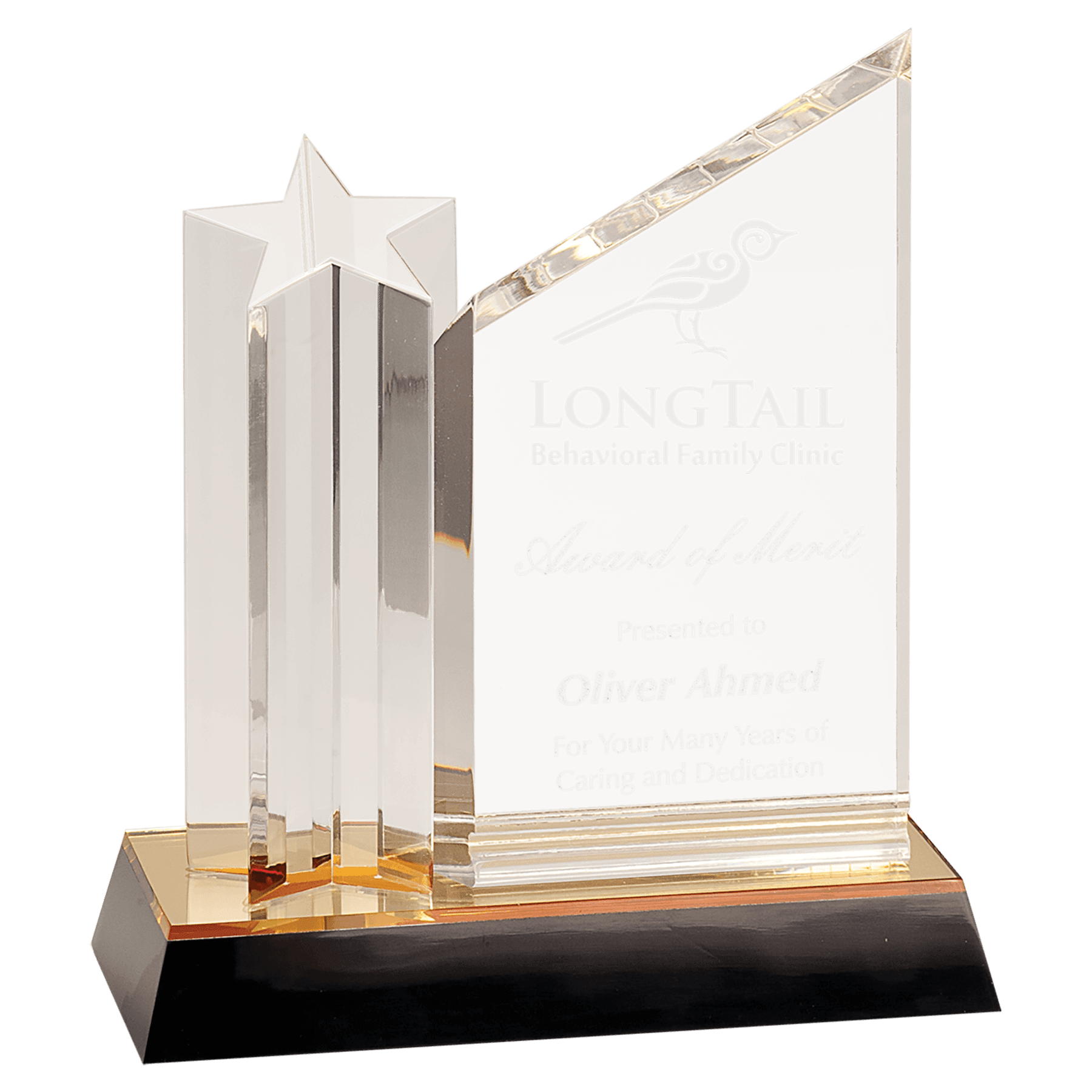 8" Clear Star Column Acrylic with Clear Plaque and Gold/Black Base