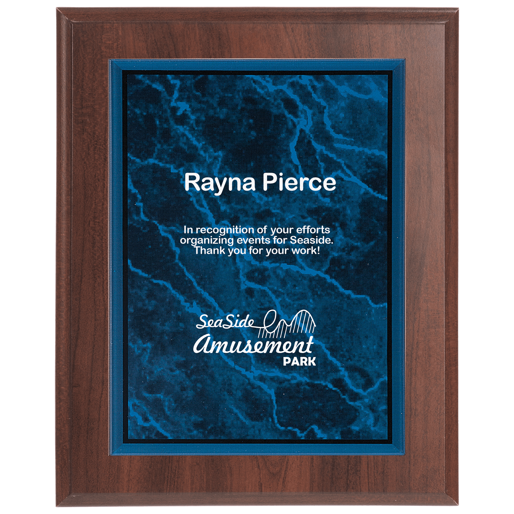 Small Cherry Finish Plaqueue with Blue Marble Acrlyc Plaqueue Plate
