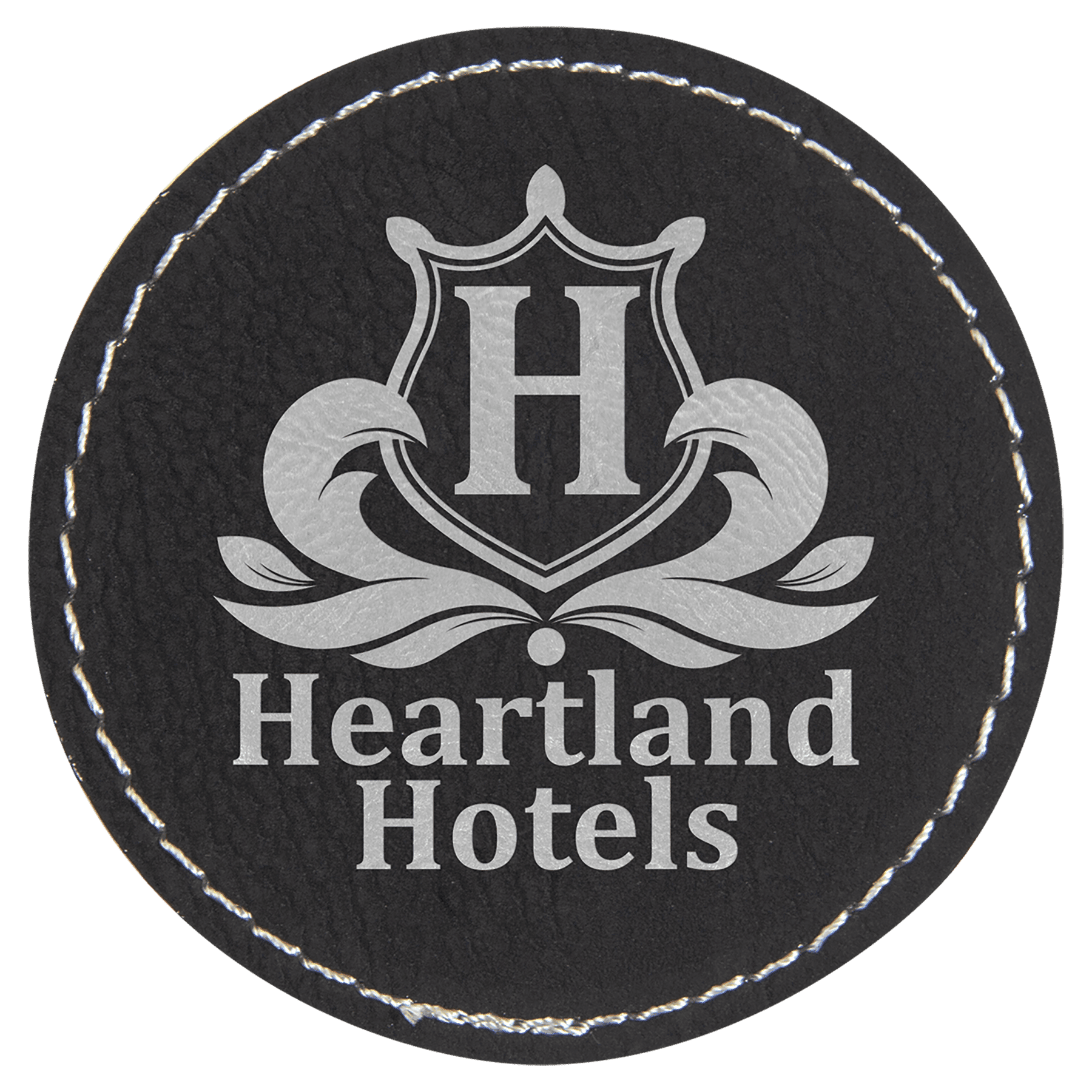 2 1/2" Black/Silver Laserable Leatherette Round Patch with Kota Pro Adhesive