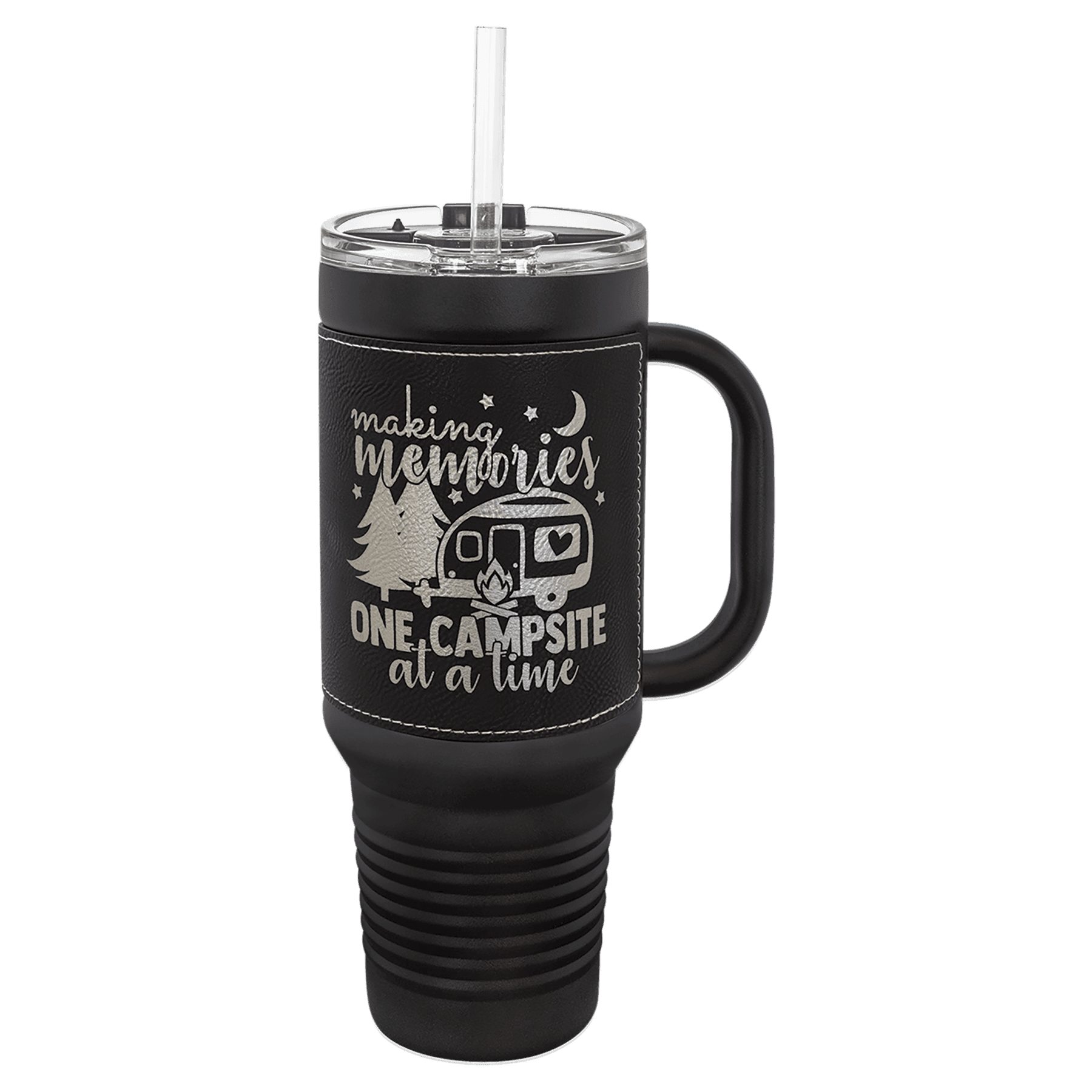 Polar Camel 40 oz. Black with Black/Silver Laserable Leatherette Travel Mug with a Handle & Straw