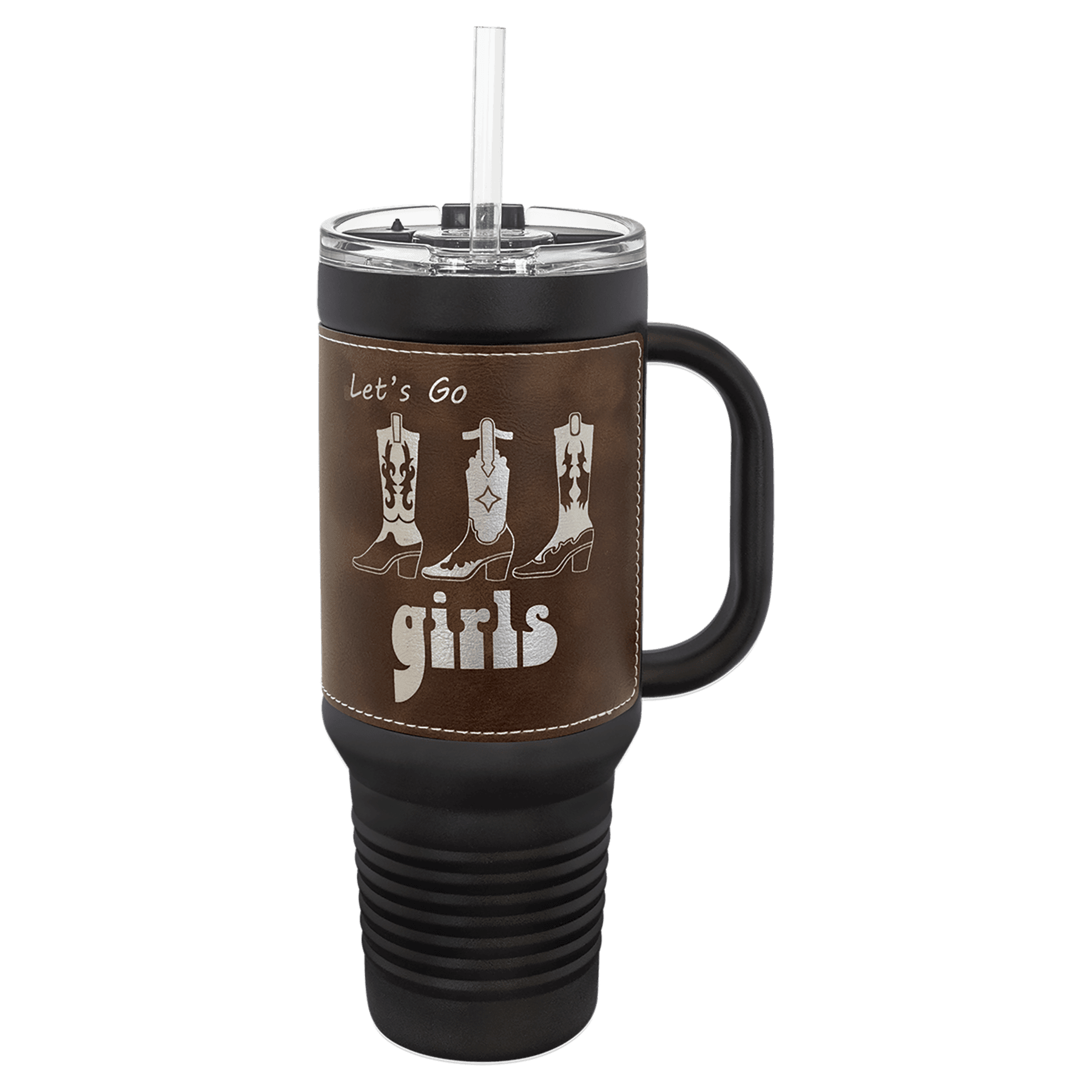 Polar Camel 40 oz. Black with Rustic/Silver Laserable Leatherette Travel Mug with Handle & Straw