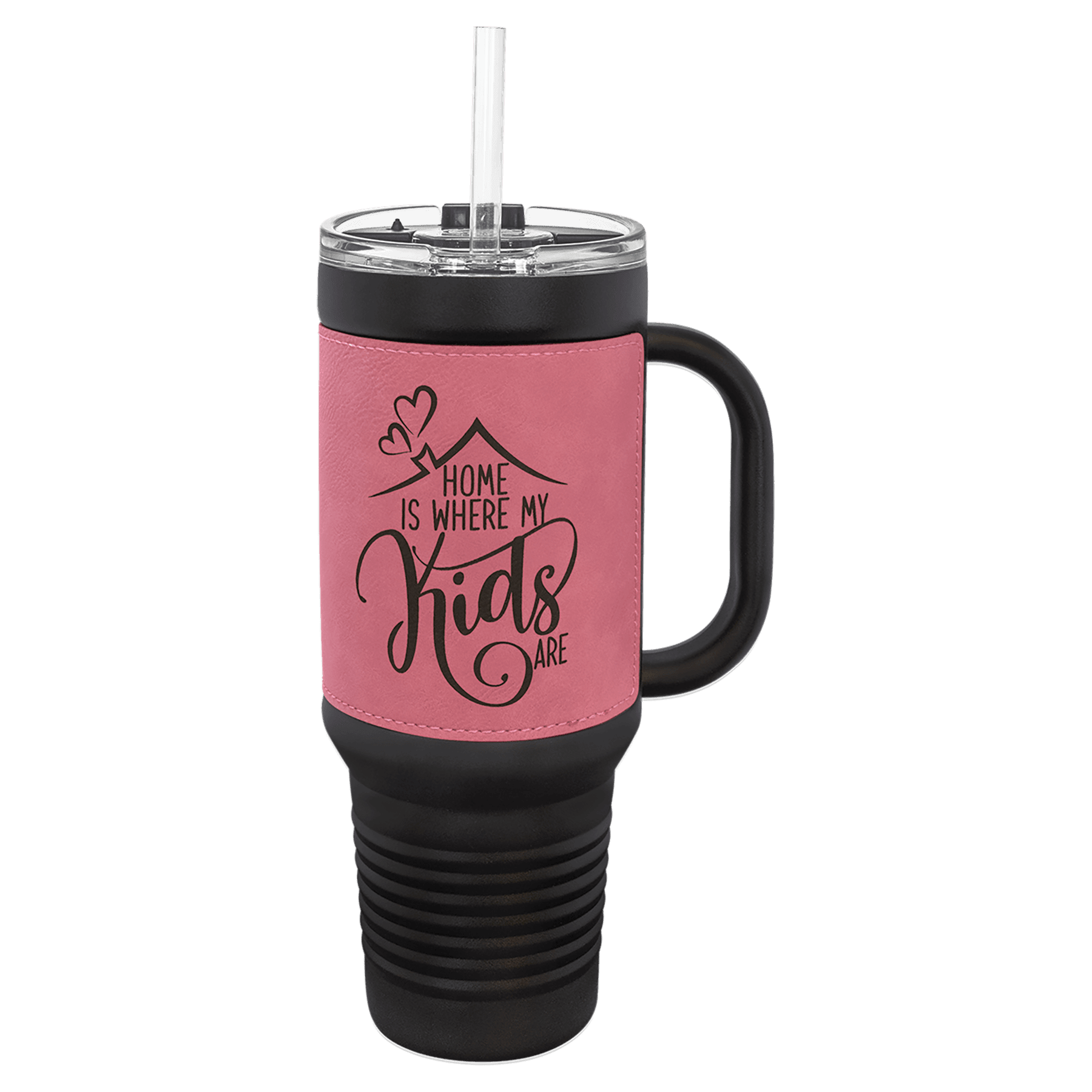 Polar Camel 40 oz. Black with Pink Laserable Leatherette Travel Mug with a Handle & Straw