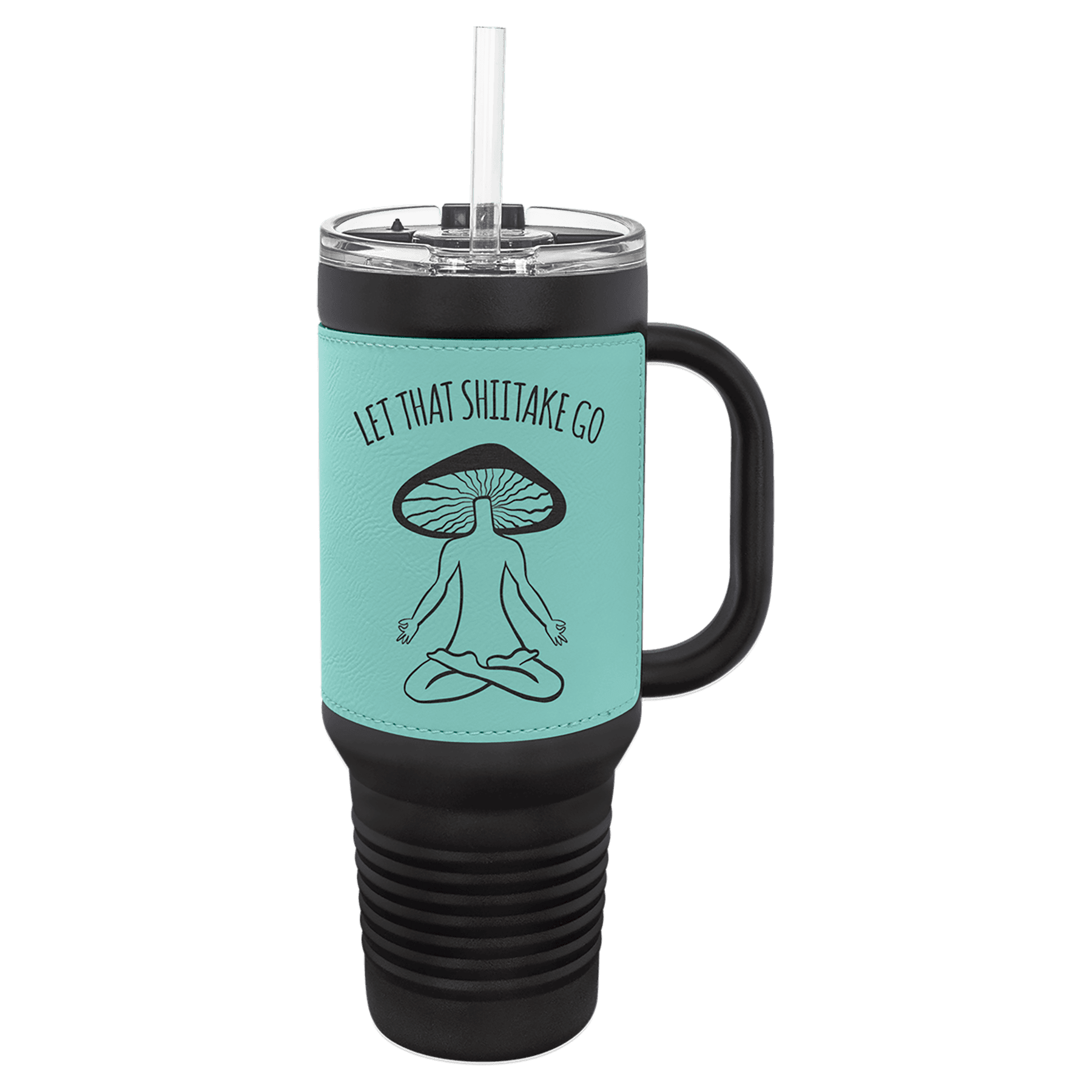 Polar Camel 40 oz. Black with Teal Laserable Leatherette Travel Mug with a Handle & Straw