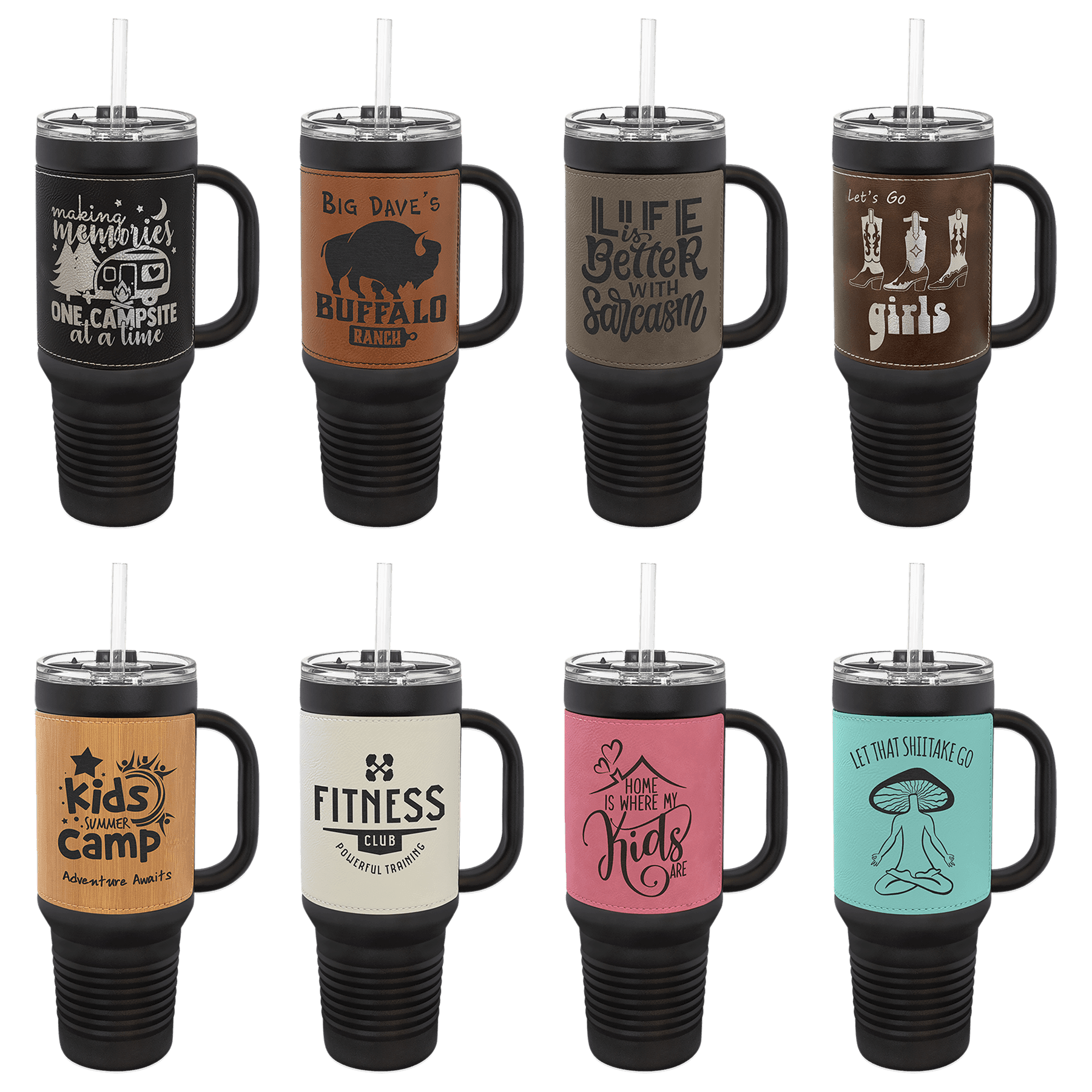 Polar Camel 40 oz. Black with  Laserable Leatherette Travel Mug with a Straw Sample Set