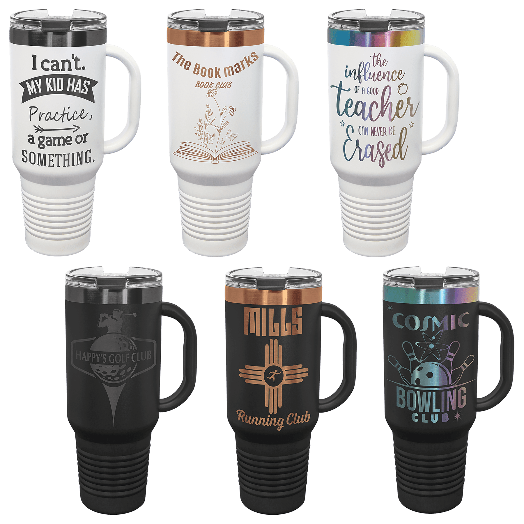 Polar Camel 40 oz. Travel Mug with Handle, Straw Included Ion Plated Sample Set. (Black & White Ghost Black, Rose Gold, Prism)