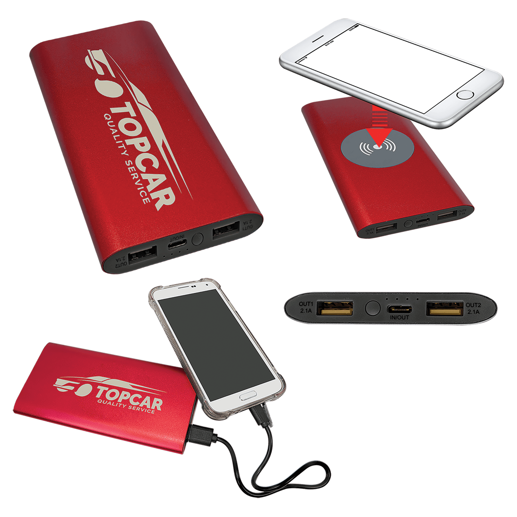 Red 8000MAH Power Bank & Wireless Anodized Aluminum Charger with USB-C Cord