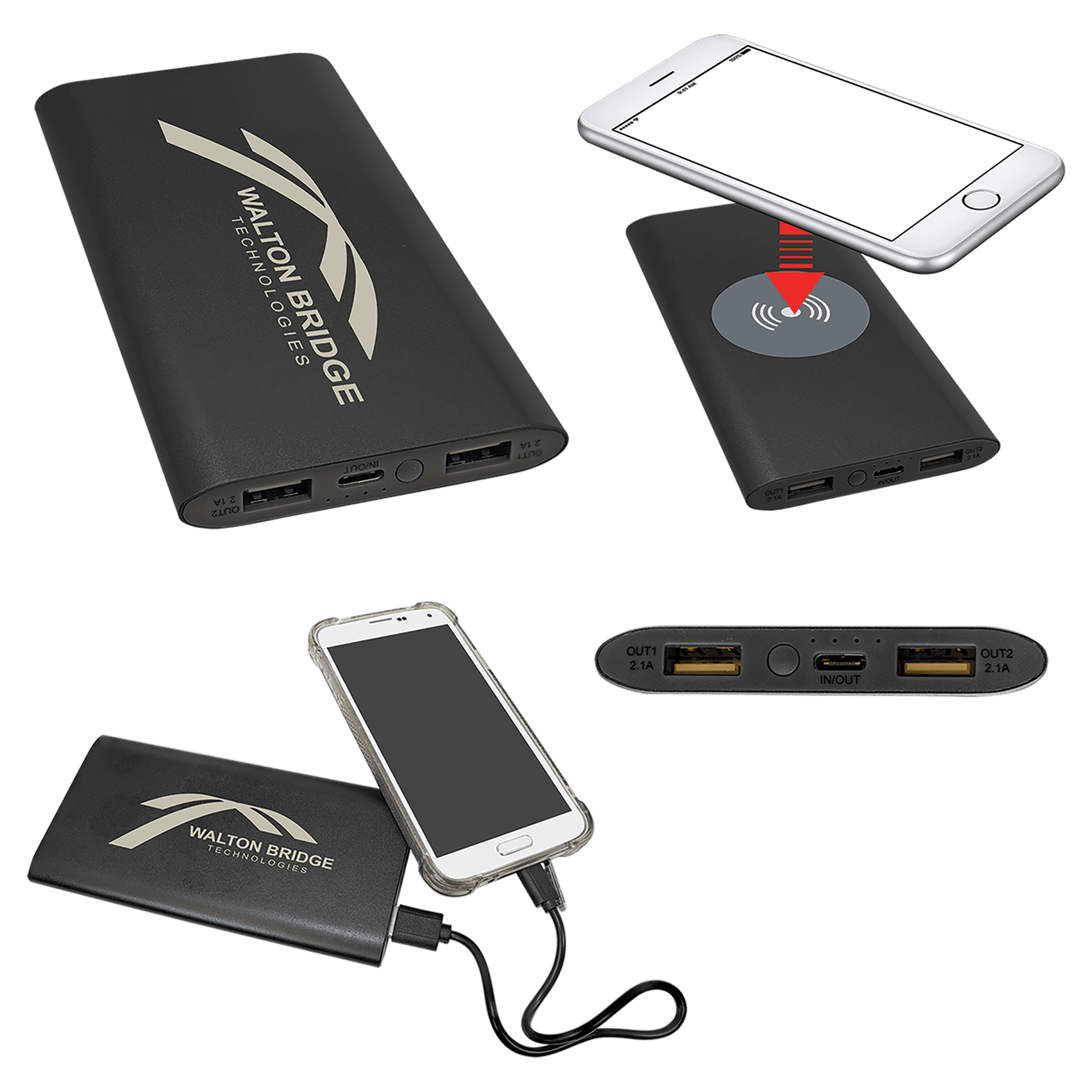 Black 8000MAH Power Bank & Wireless Anodized Aluminum Charger with USB-C Cord