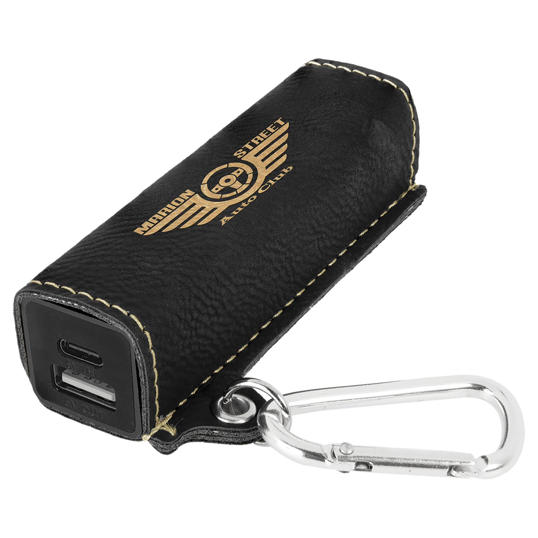 Black/Gold Laserable Leatherette 2200 mAh Power Bank with USB-C Cord