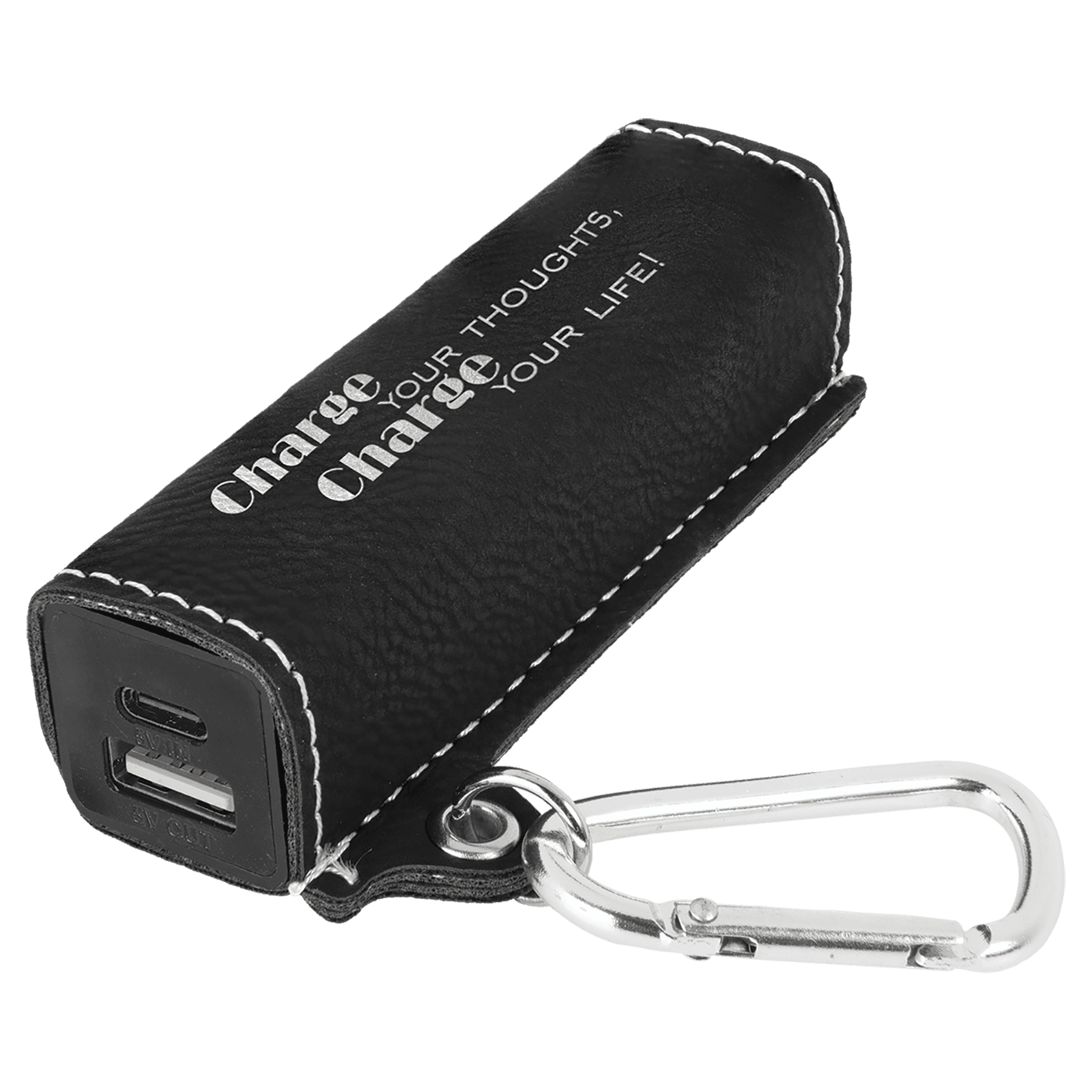 Black/Silver Laserable Leatherette 2200 mAh Power Bank with USB-C Cord