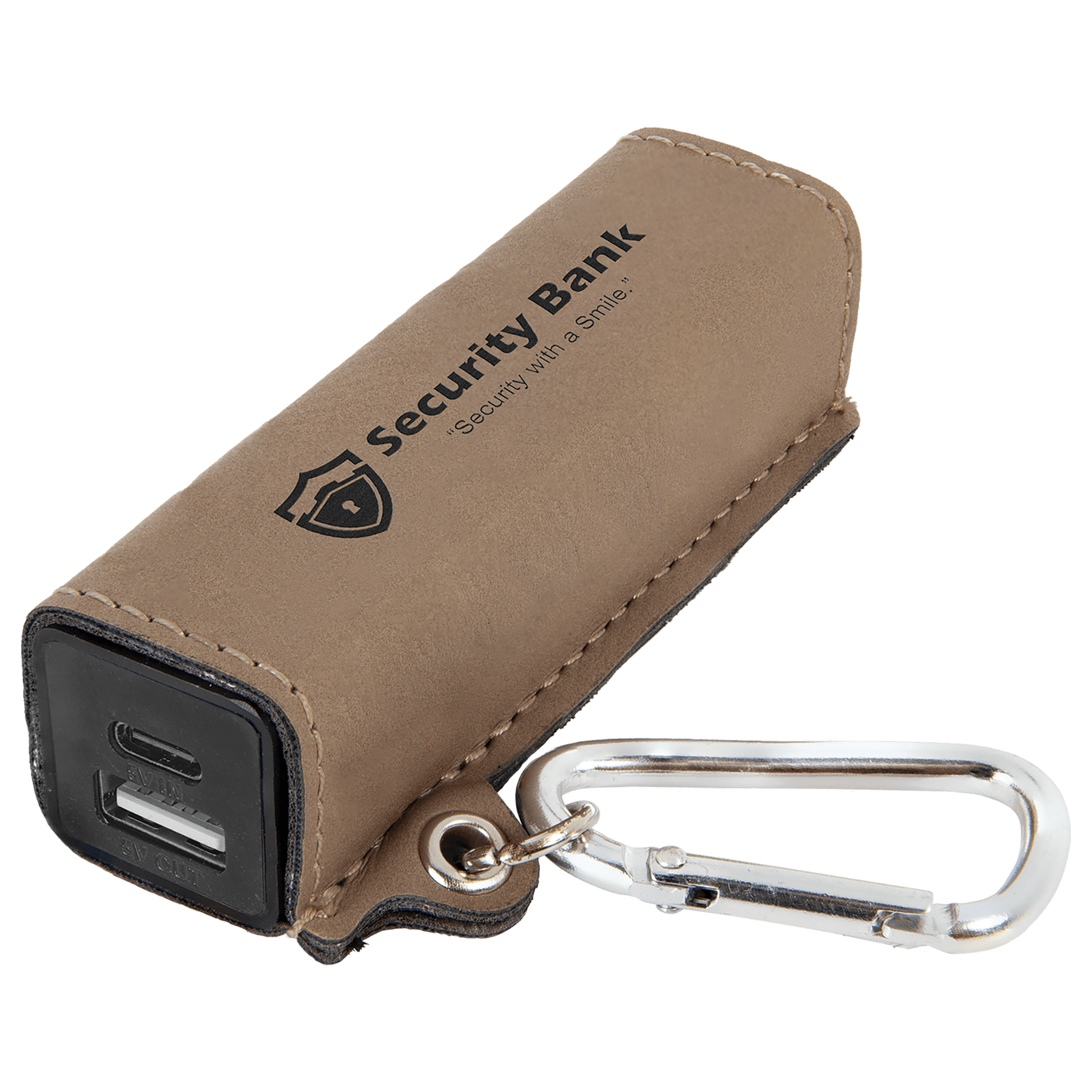 Light Brown Laserable Leatherette 2200 mAh Power Bank with USB-C Cord