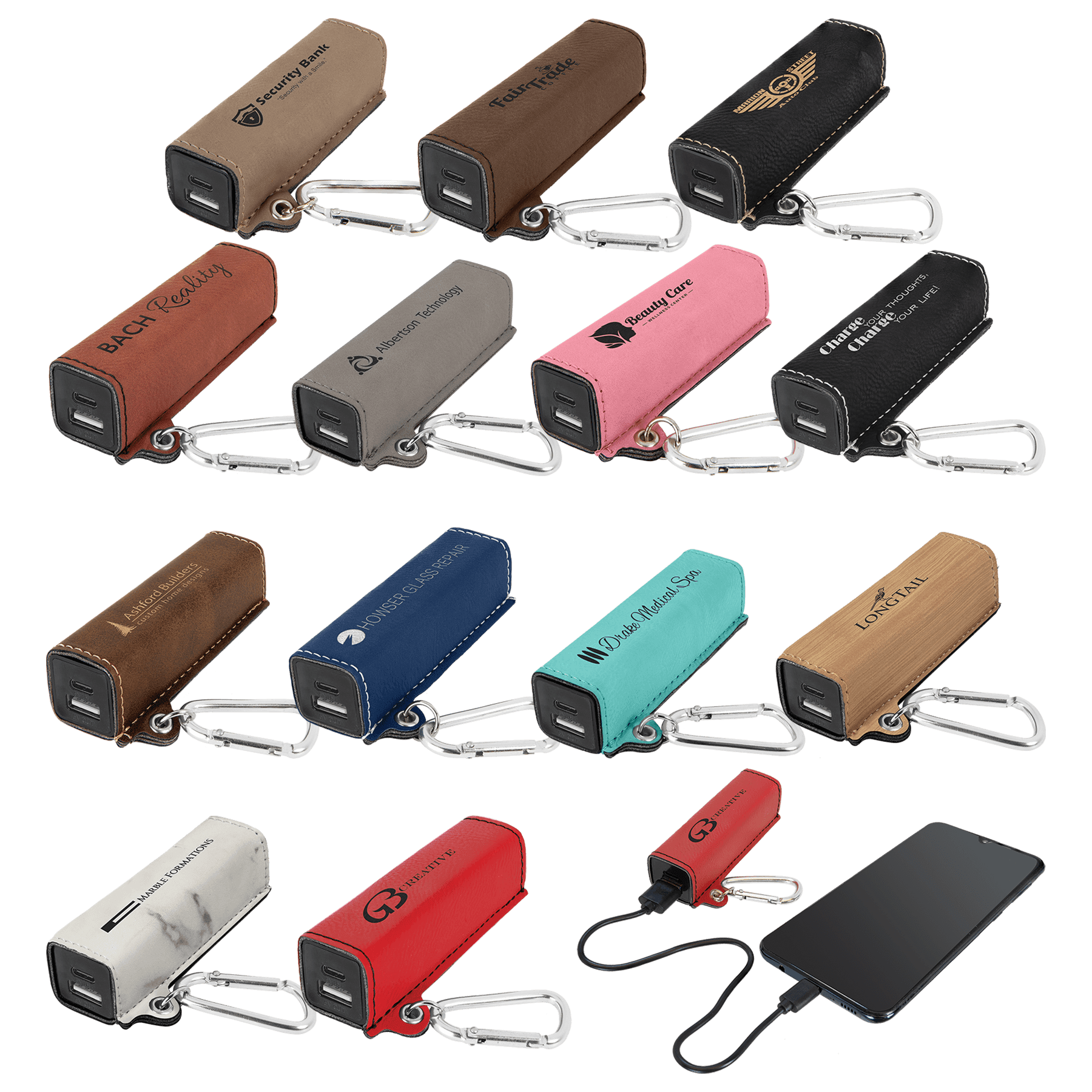 Laserable Leatherette 2200 mAh Power Bank with USB-C Cord Sample Set