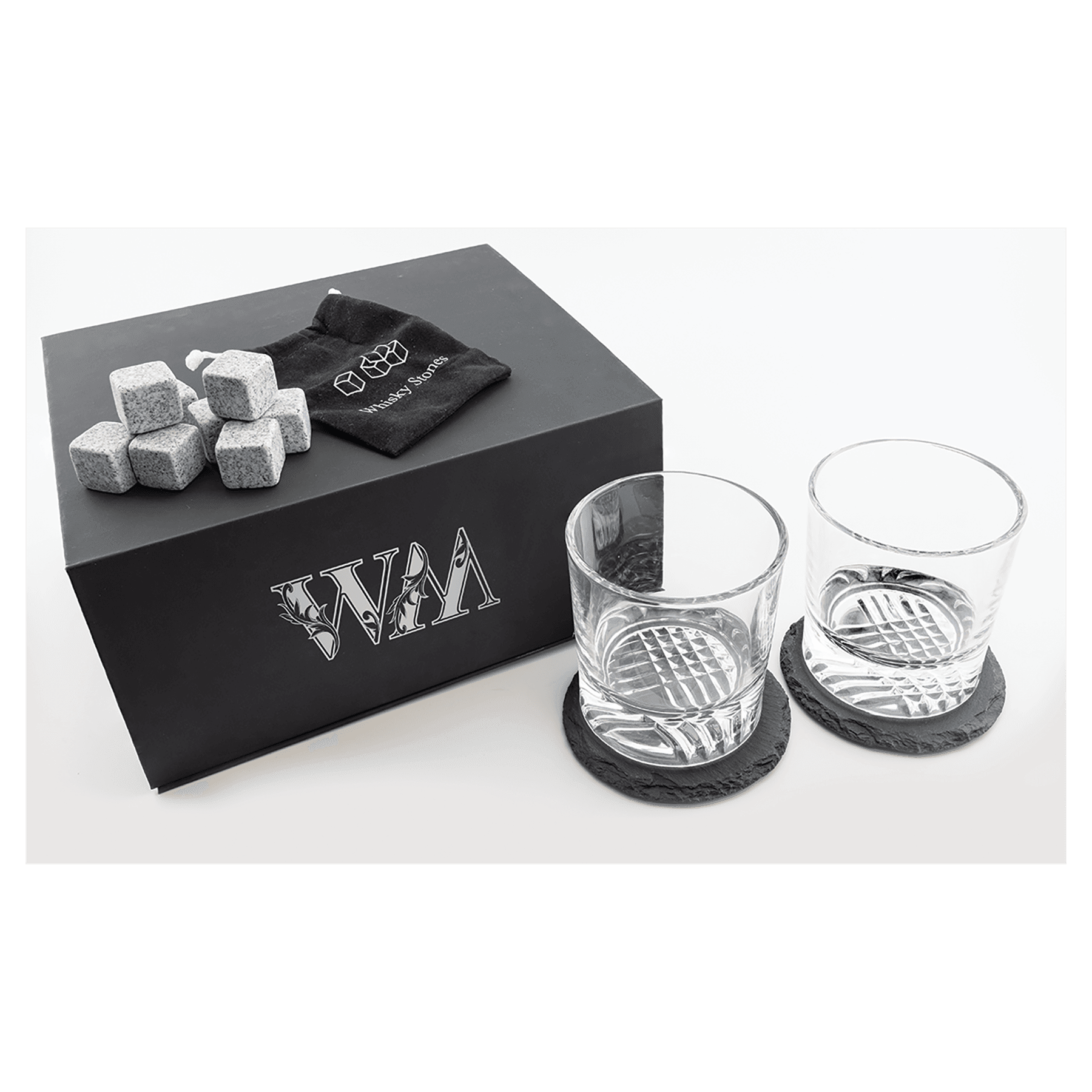 Lazerburst Whiskey Set with Two 9 oz. Glasses, Two 4" Slate Coasters, and Eight Granite Whiskey Stones with Black Velvet Bag