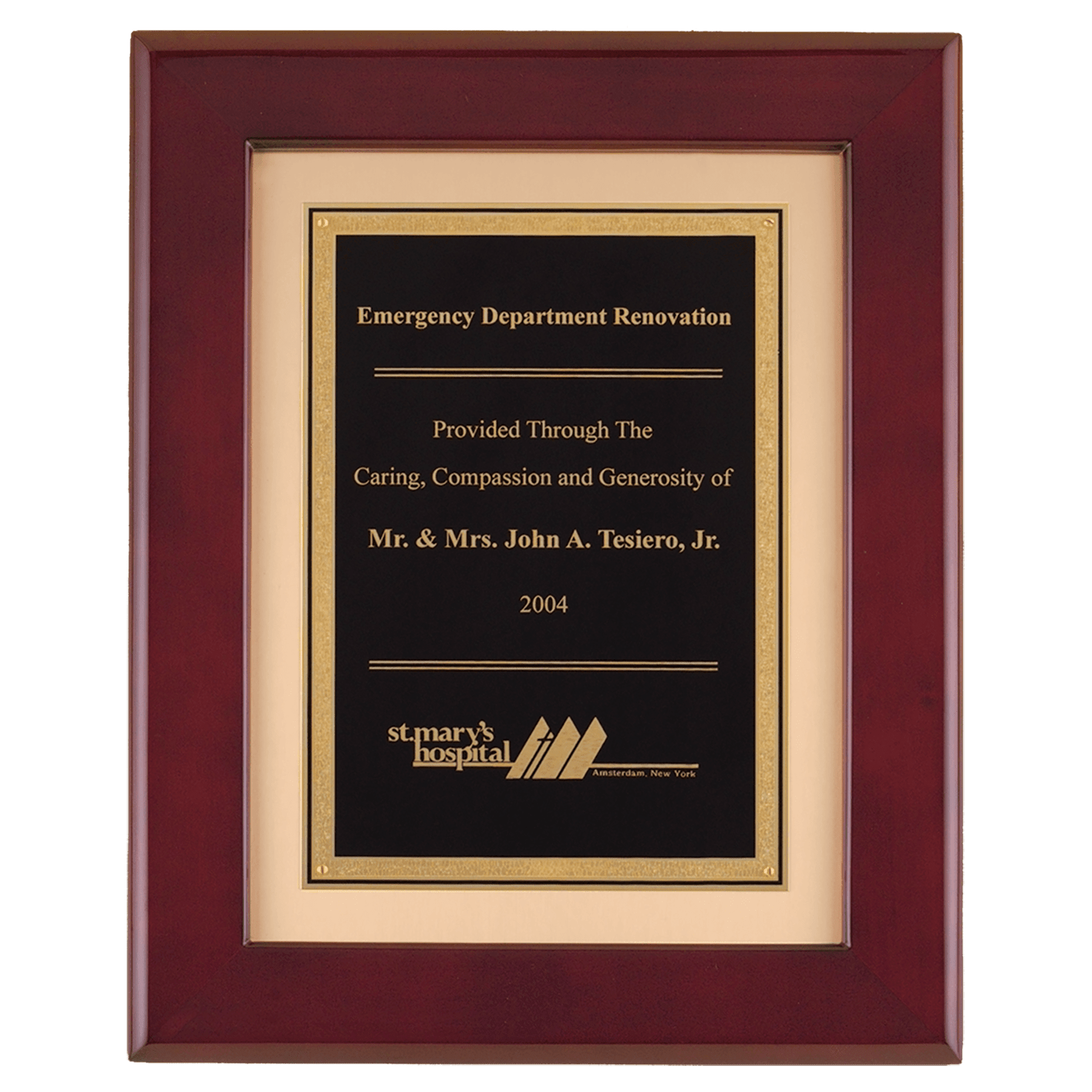 12" x 15" Rosewood Piano Finish Frame with Black LaserFX Plate on Brushed Gold Metal Background