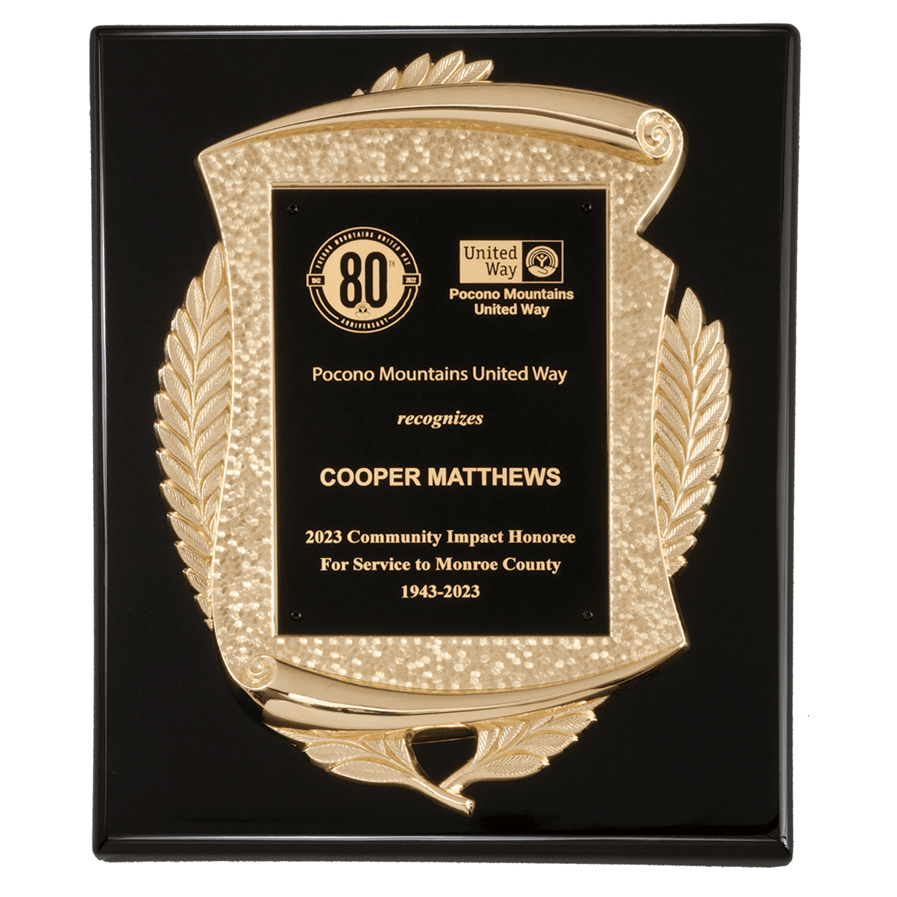 10 1/2" x 13" Black High Gloss Plaque with Metal Gold Scroll Frame Casting with Black LaserFX Plate