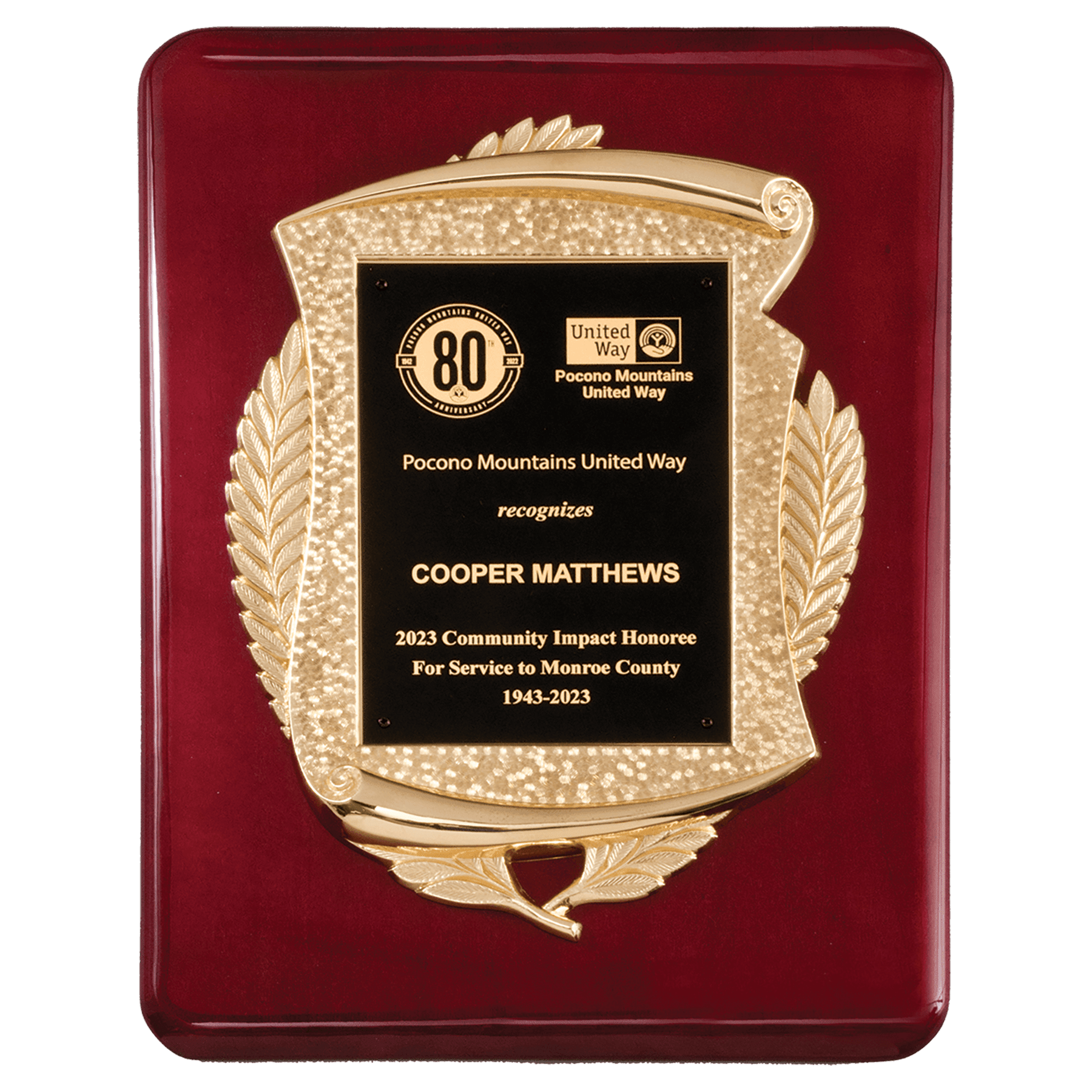 11" x 15" Rosewood Piano Finish Plaque with Metal Gold Scroll Frame Casting and Black LaserFX Plate