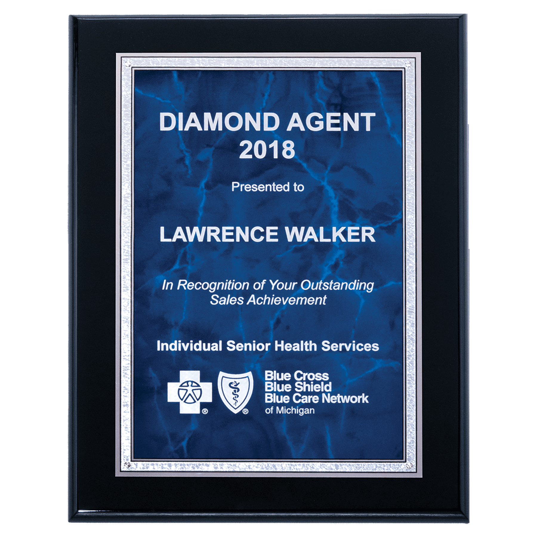 9" x 12" Airflyte Black High Gloss Plaque with Sapphire Marble/Silver Florentine Border Plate