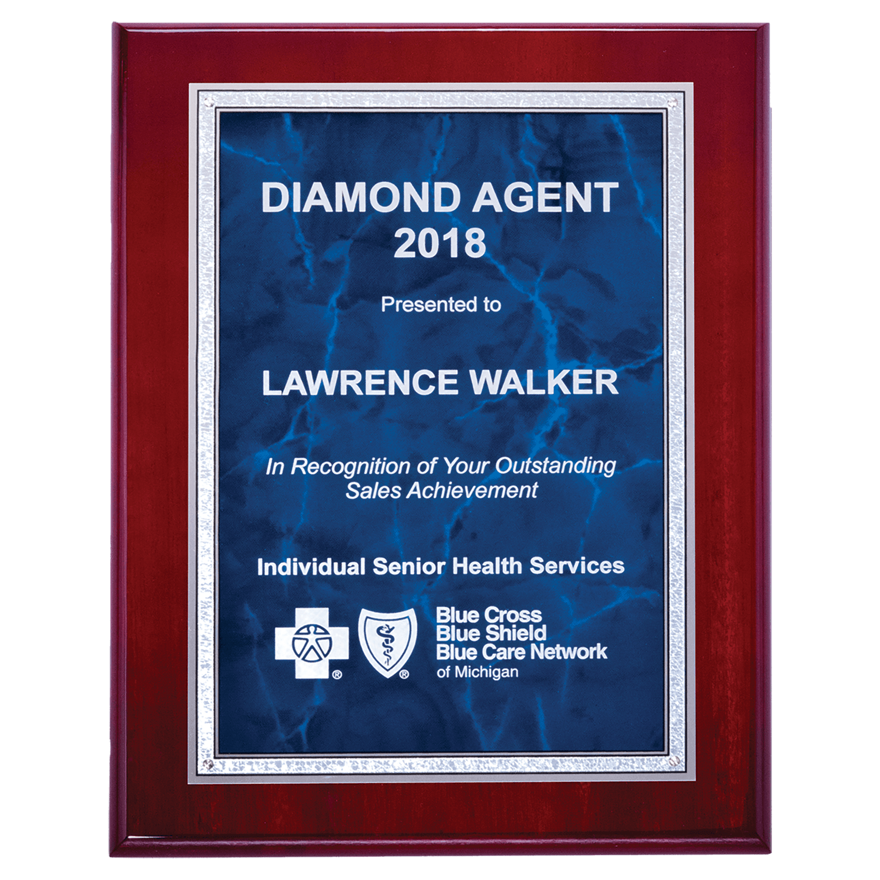 9" x 12" Airflyte Rosewood High Gloss Plaque with Sapphire Marble/Silver Florentine Border Plate