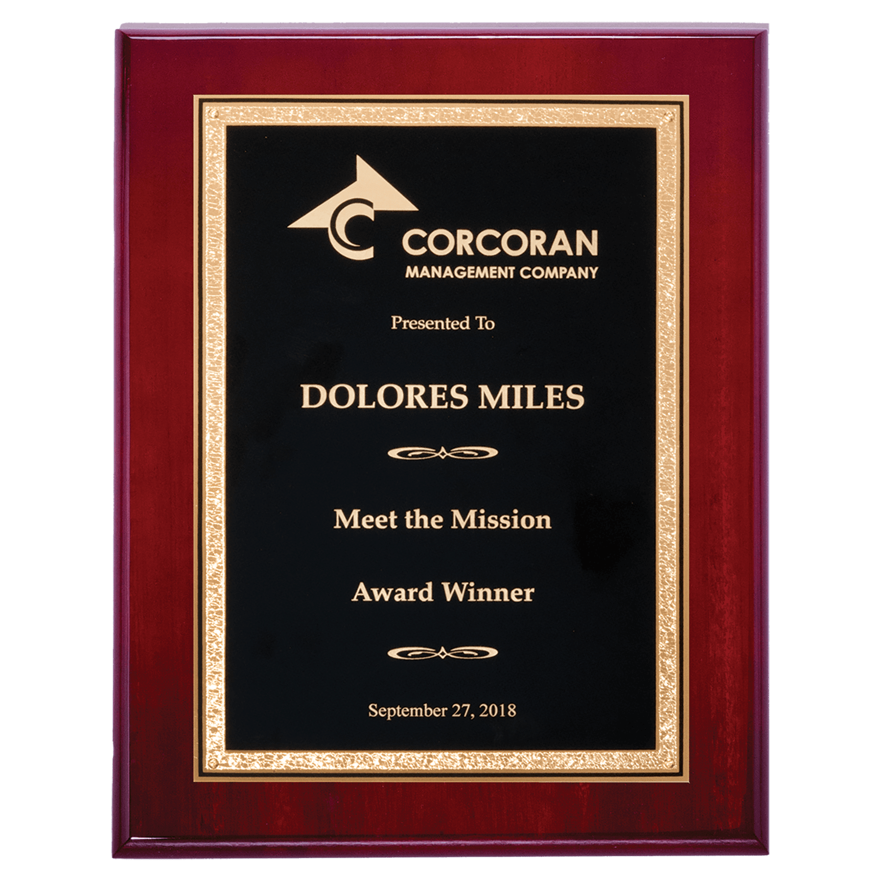 8" x 10" Airflyte Rosewood High Gloss Plaque with Black/Gold Florentine Design LaserFX Plate